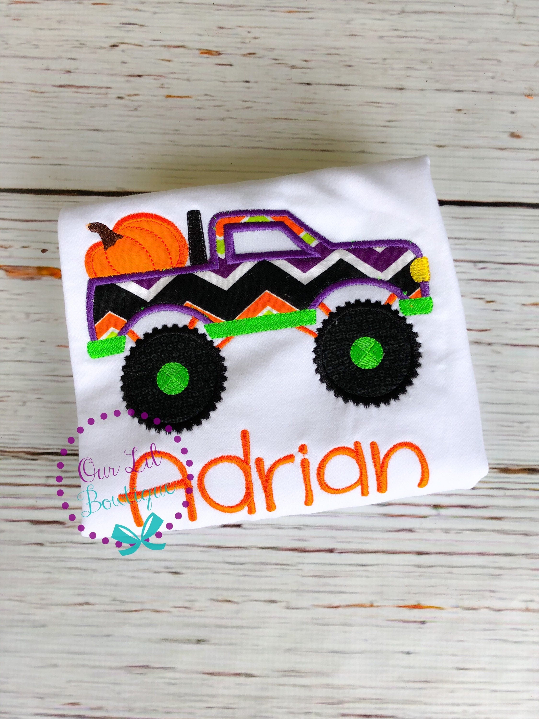 Embroidered Pumpkin Monster Truck Halloween Shirt - Personalized Boys Tee