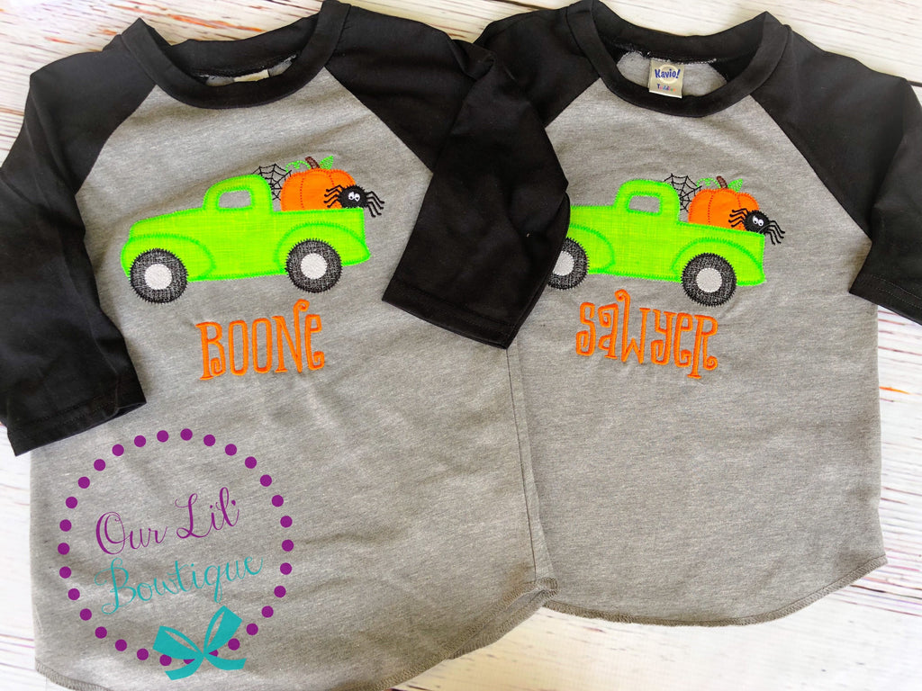 Personalized Halloween Truck Raglan Shirt: Ghost, Pumpkin, Spider