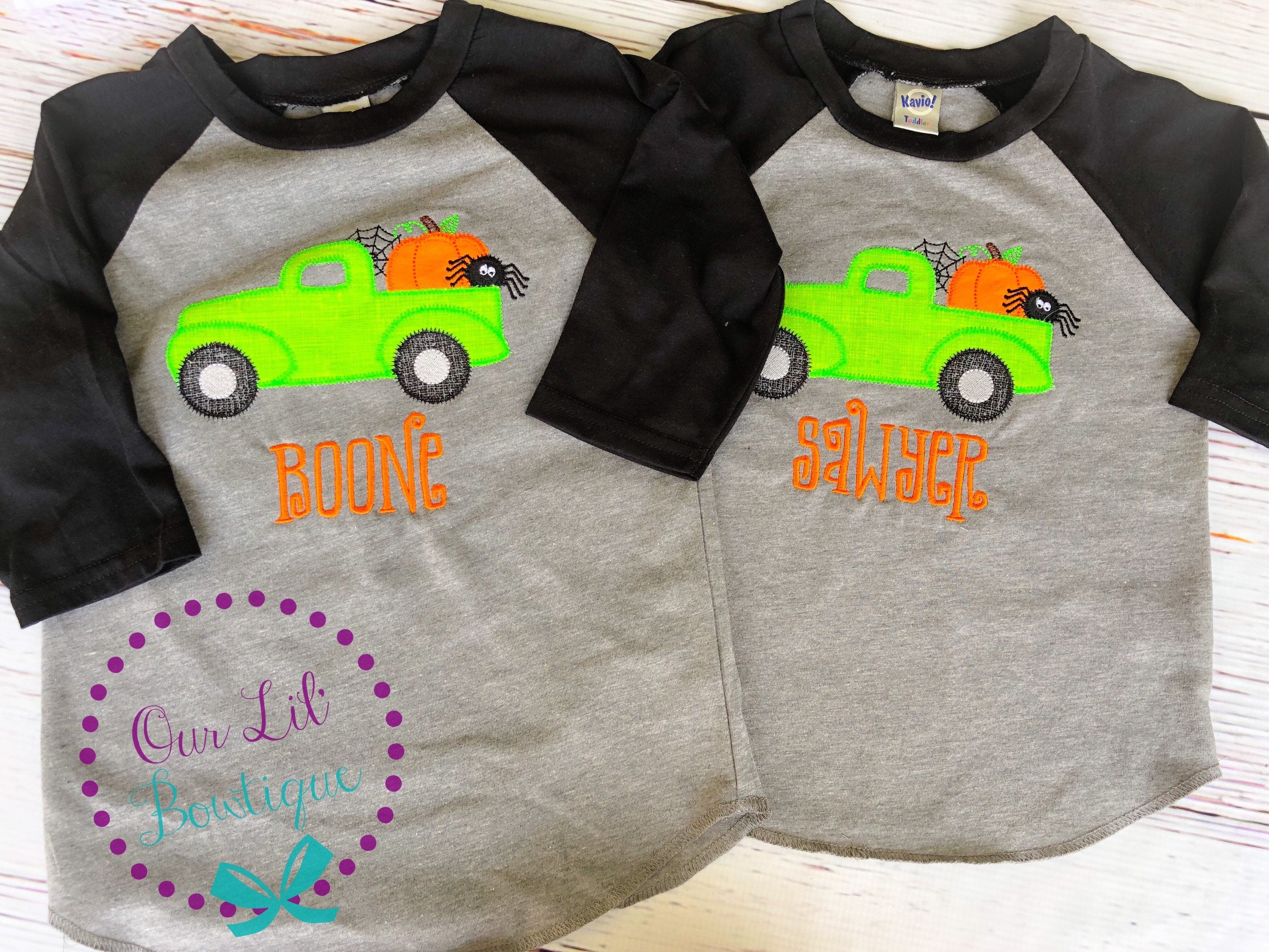 Personalized Halloween Truck Raglan Shirt: Ghost, Pumpkin, Spider