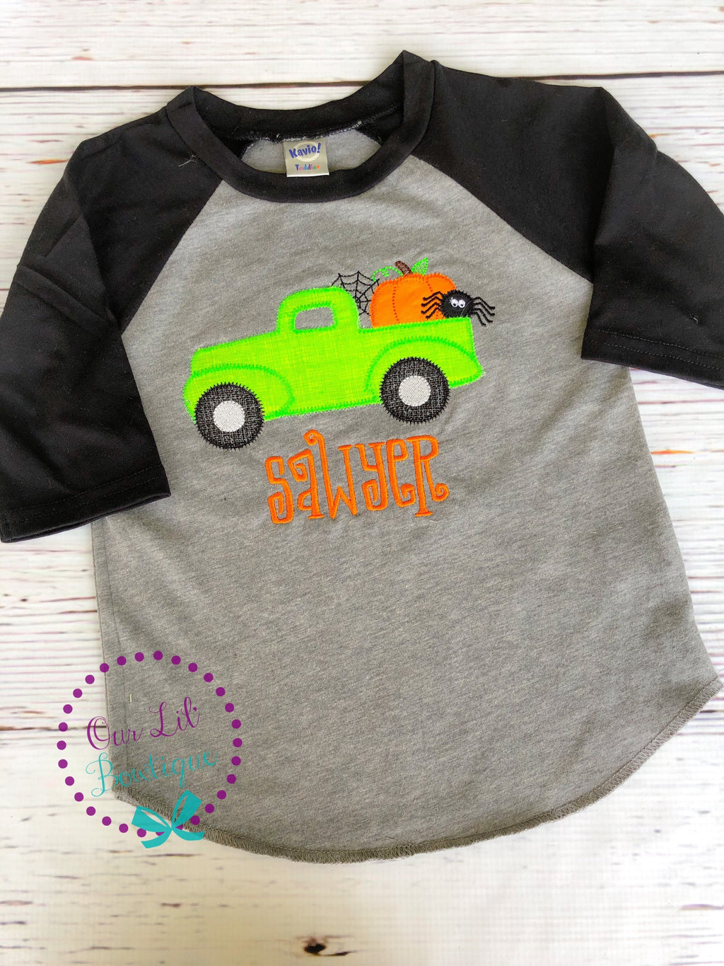 Personalized Halloween Truck Raglan Shirt: Ghost, Pumpkin, Spider