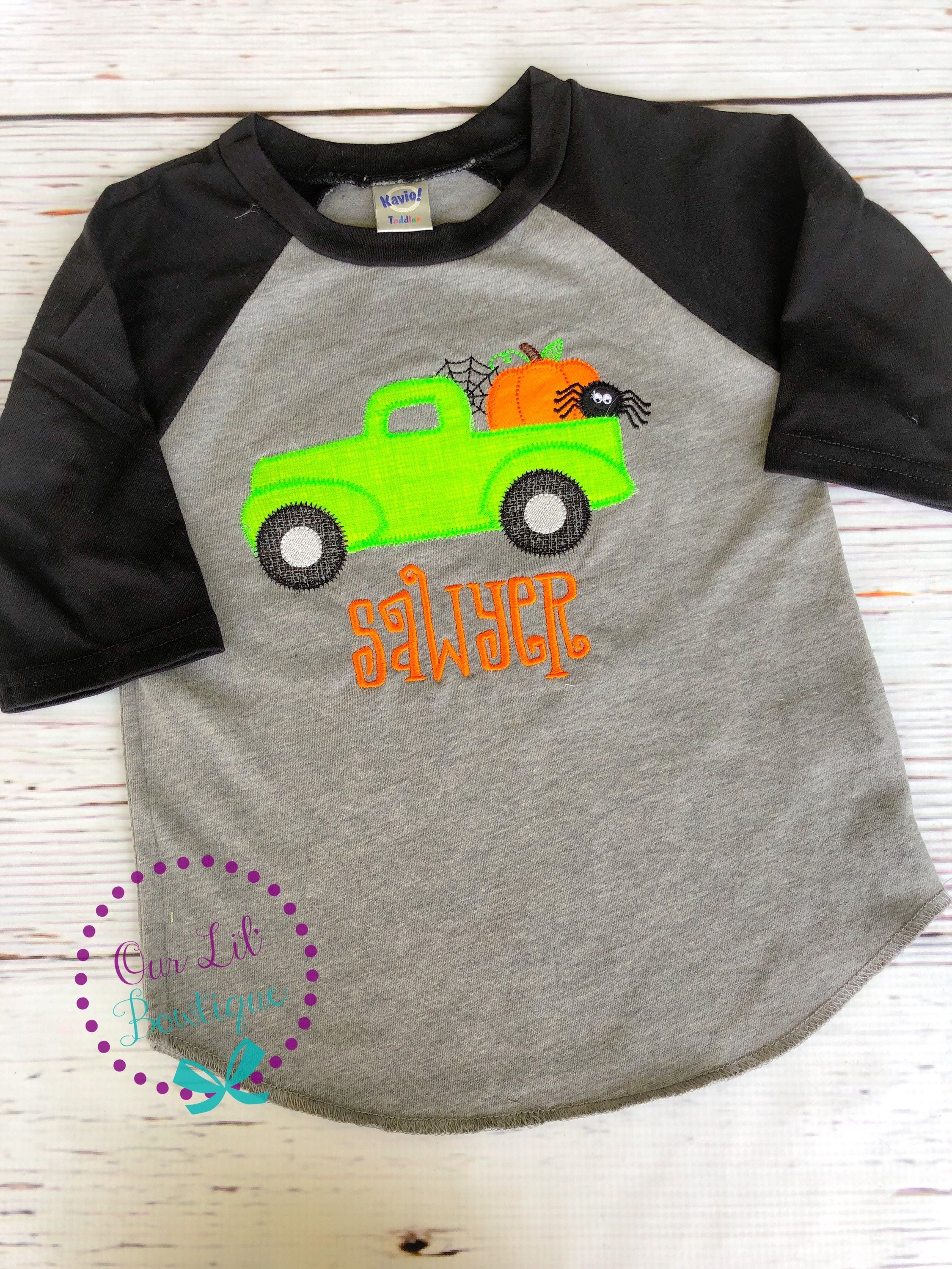Personalized Halloween Truck Raglan Shirt: Ghost, Pumpkin, Spider