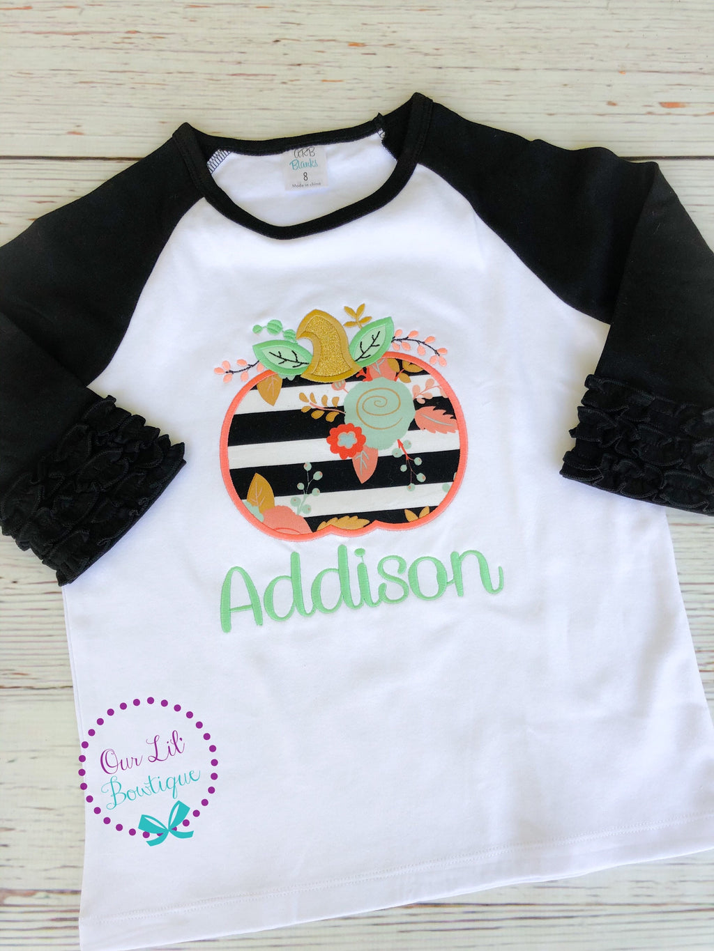 Girls Pumpkin Appliqué Shirt: Ruffle Sleeve Fall Birthday Outfit