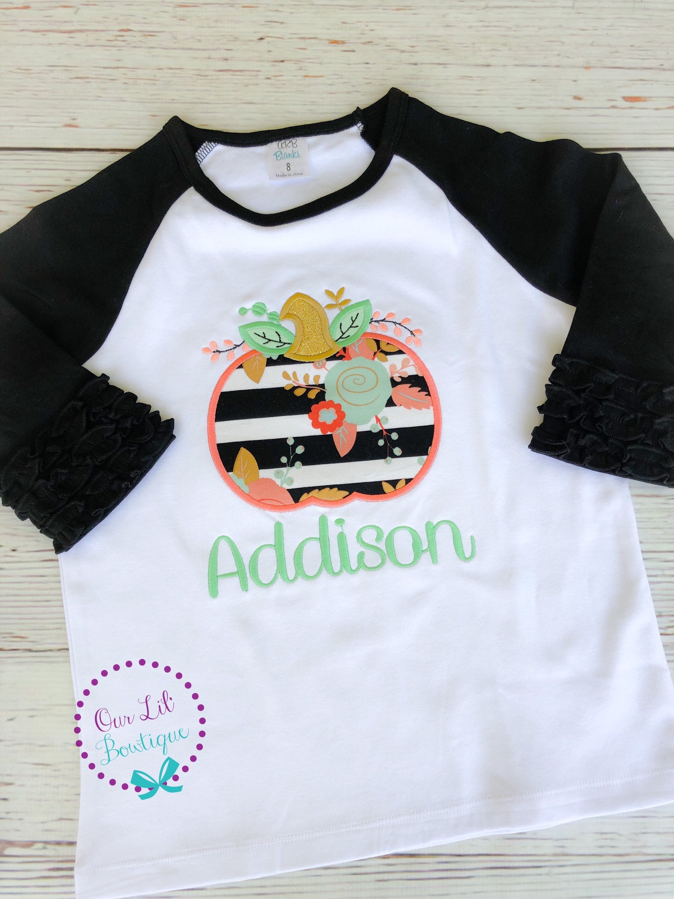 Girls Pumpkin Appliqué Shirt: Ruffle Sleeve Fall Birthday Outfit