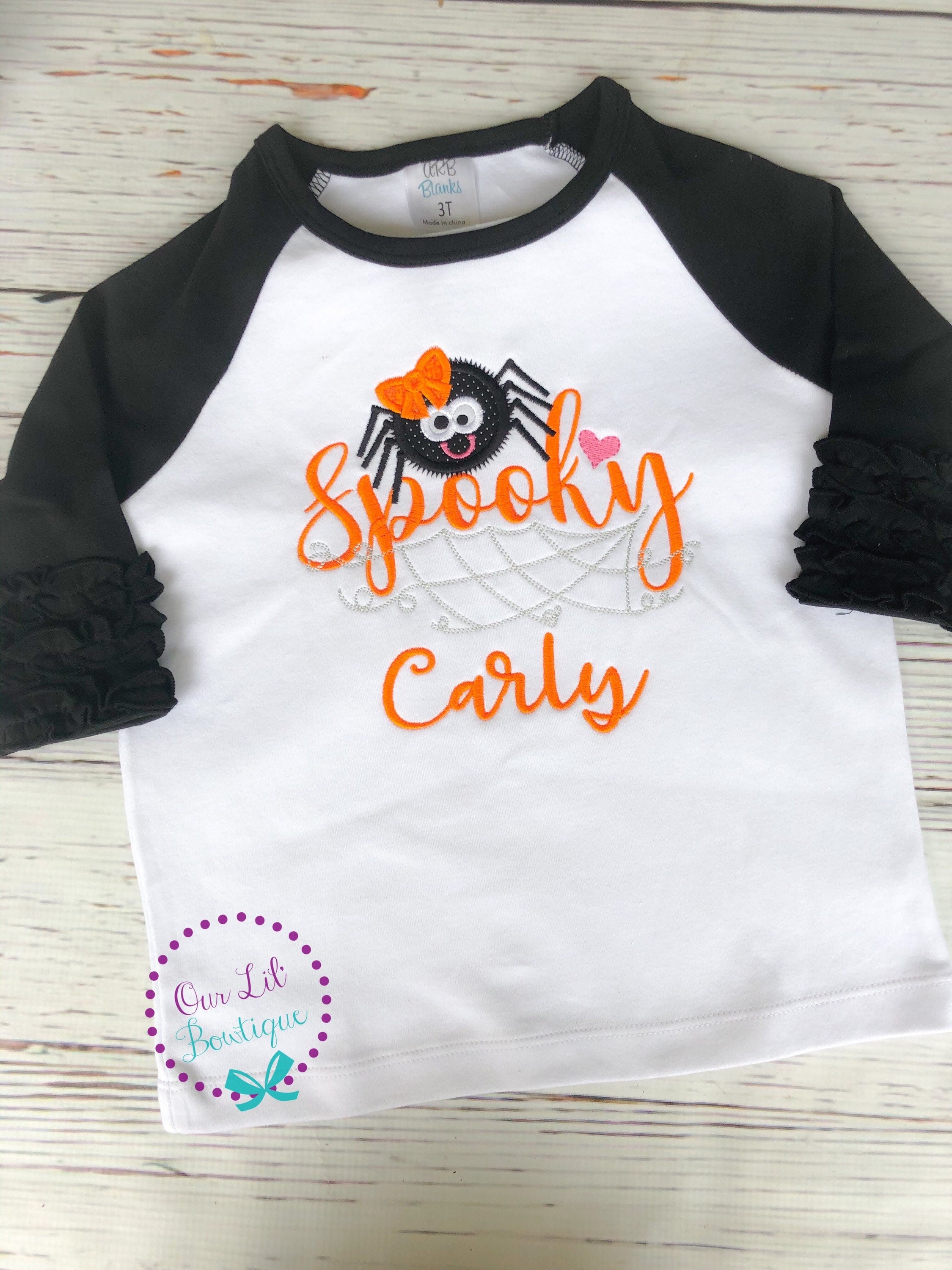 Girls Halloween Spider Shirt: Spooky Appliqué Spider with Bow