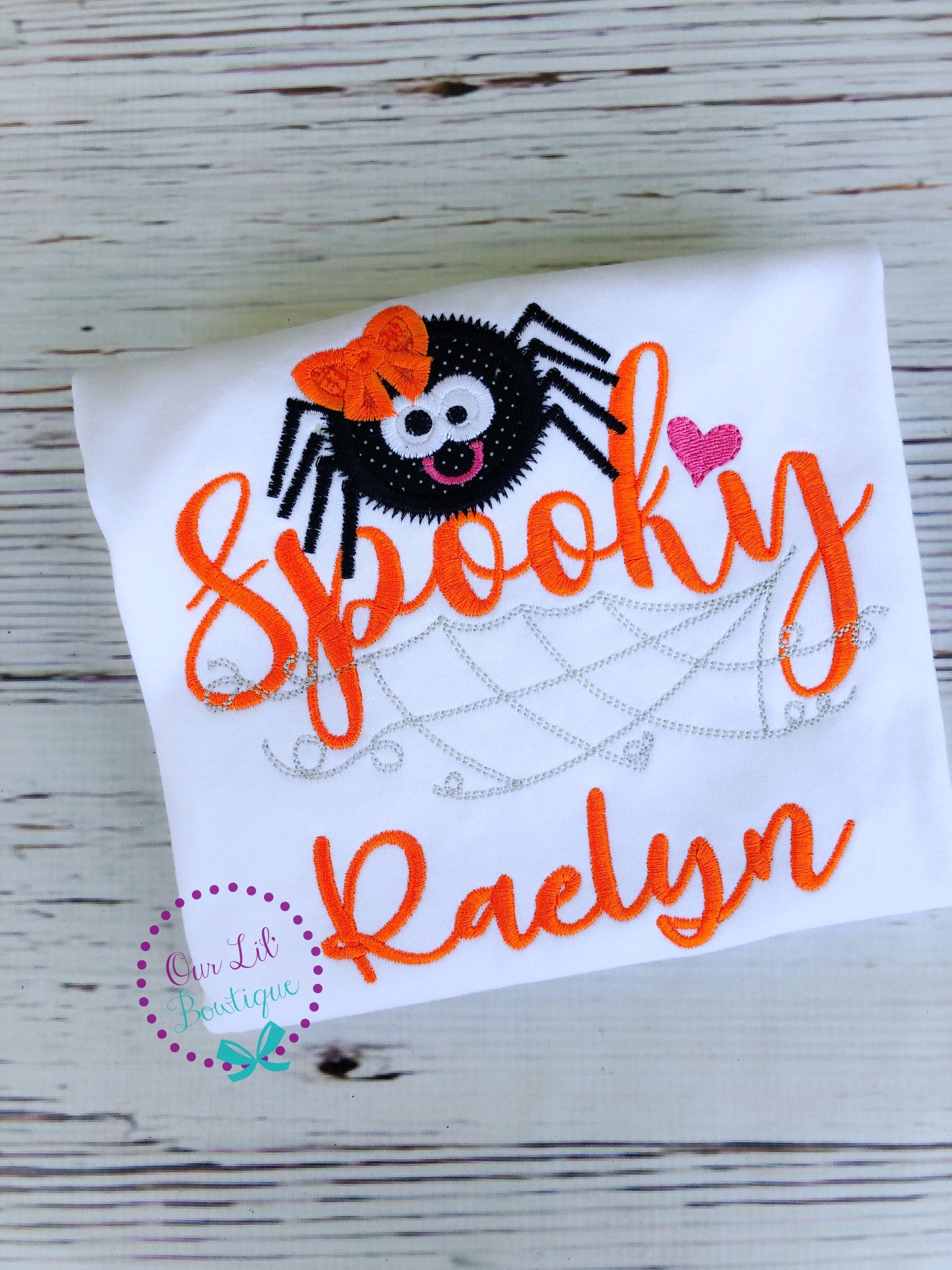 Girls Halloween Spider Shirt: Spooky Appliqué Spider with Bow