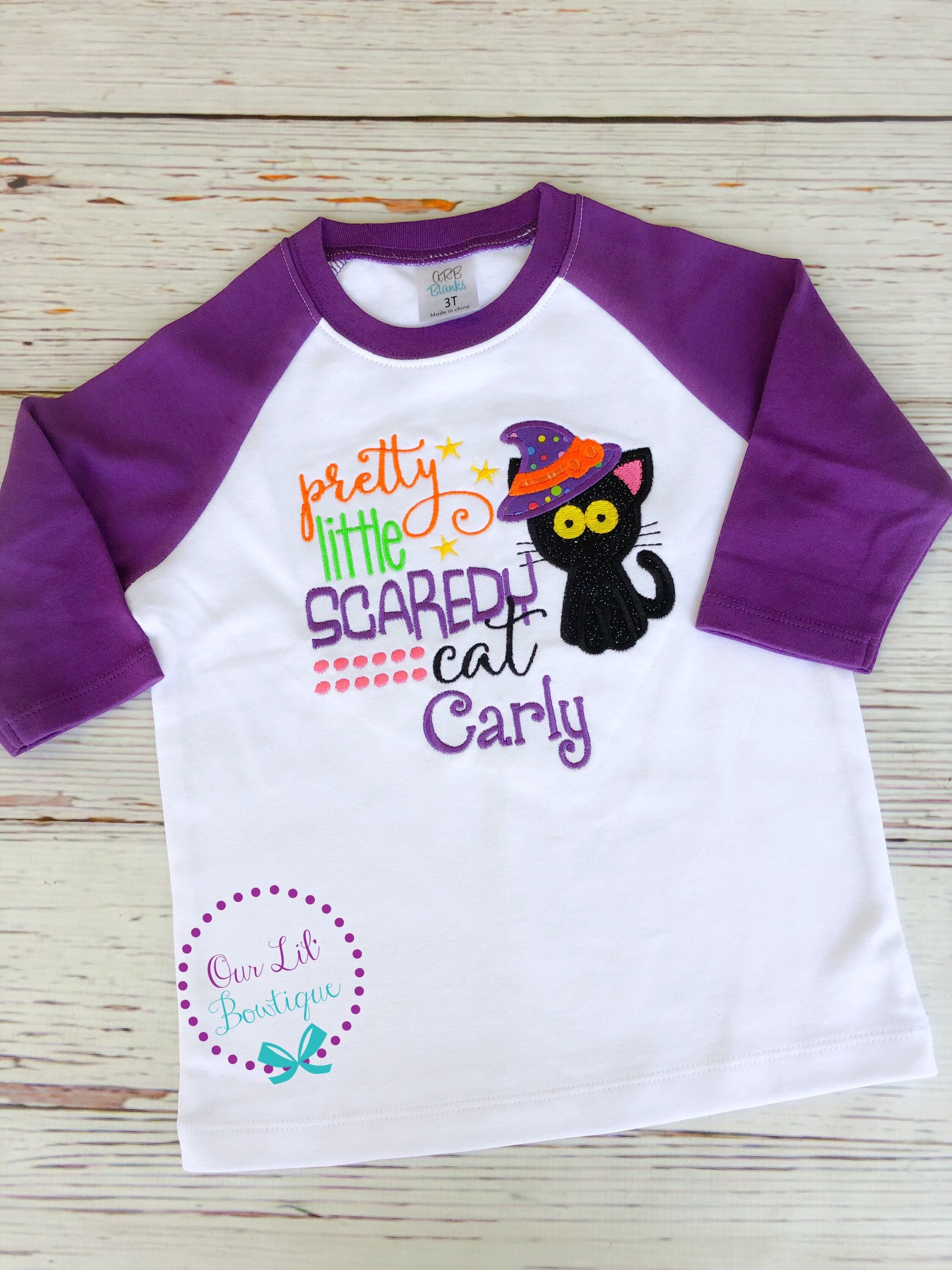 Girls Halloween Raglan: Embroidered Scaredy Cat Shirt, Personalized