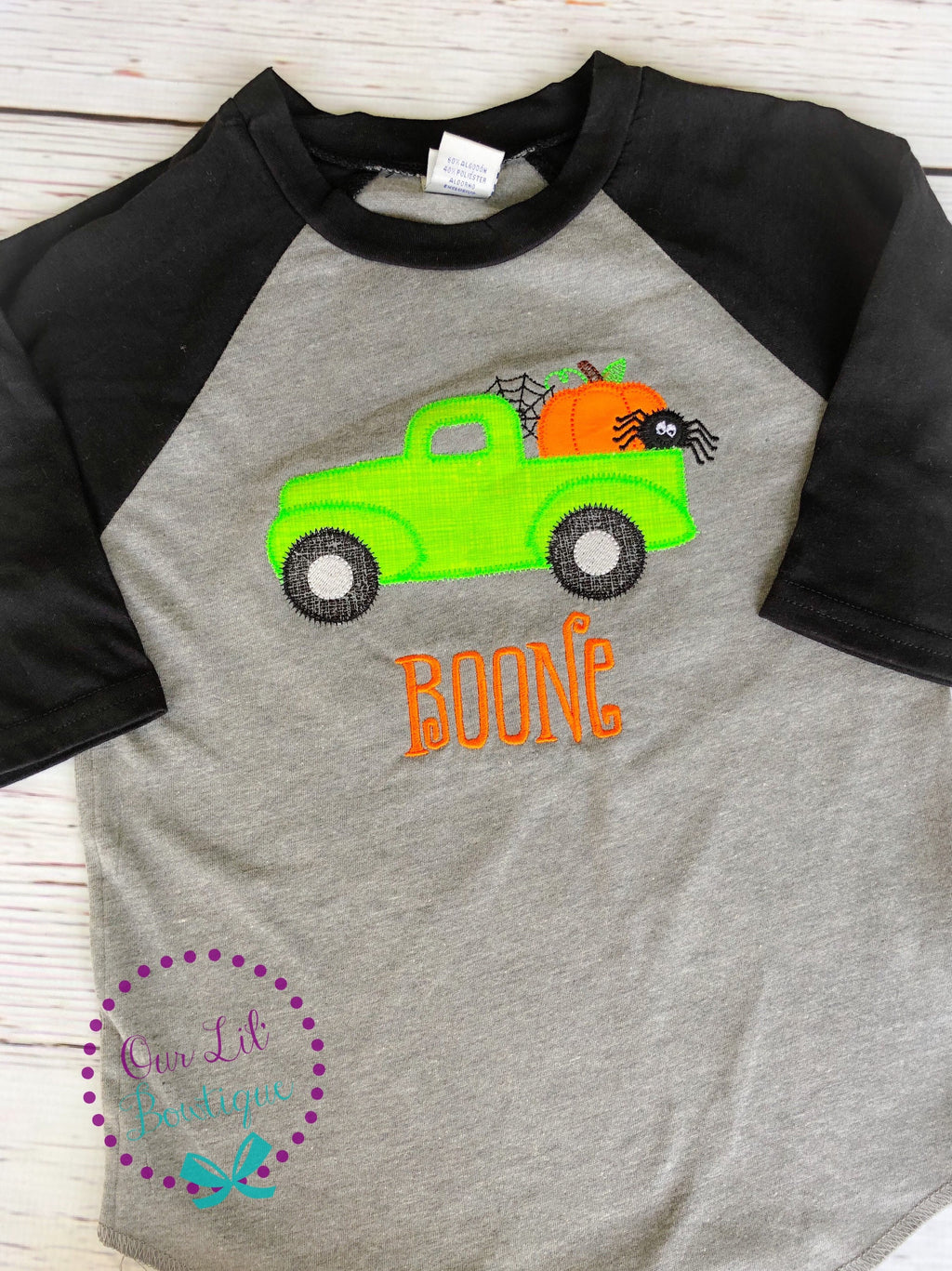 Personalized Halloween Truck Raglan Shirt: Ghost, Pumpkin, Spider