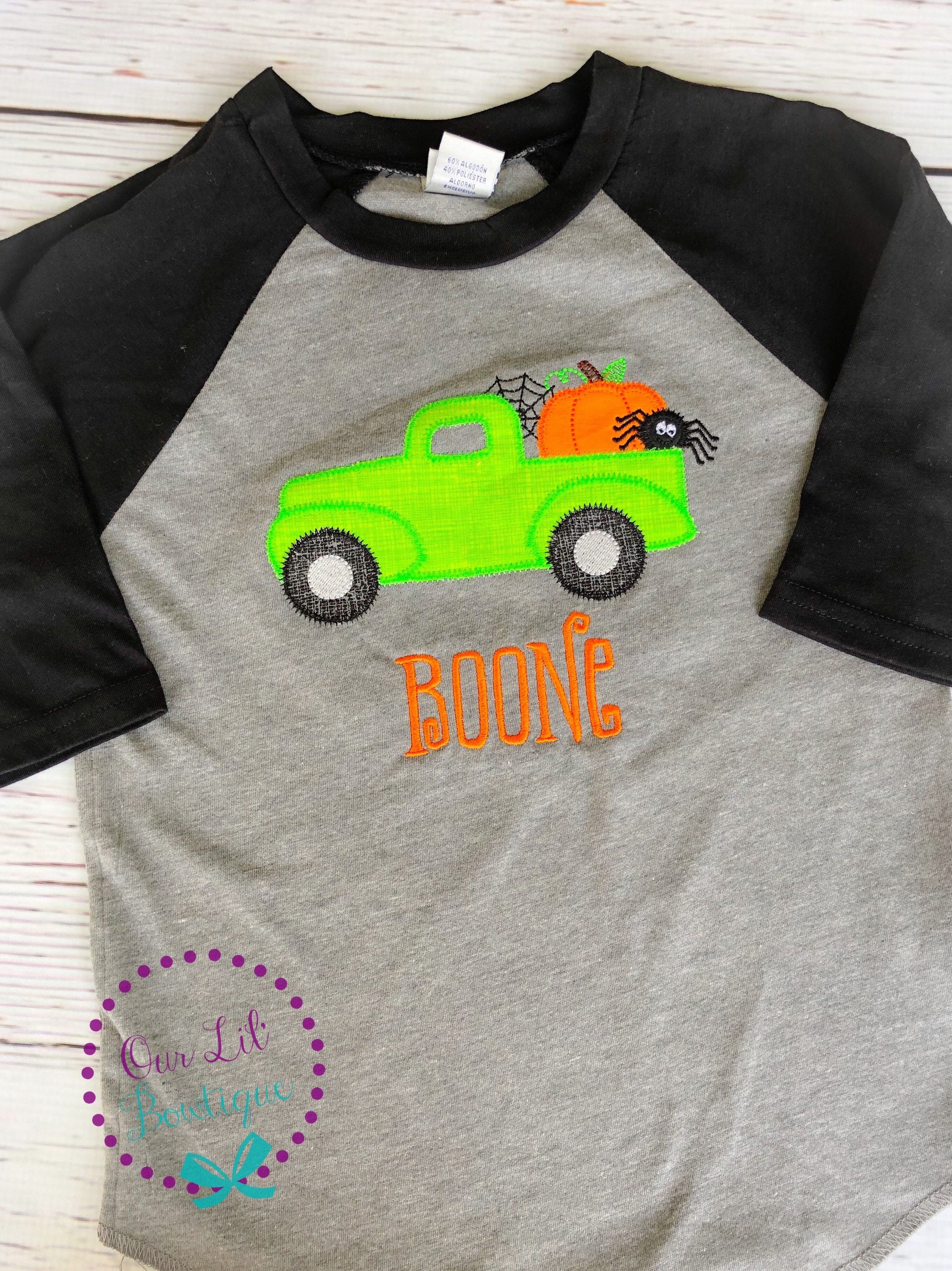 Personalized Halloween Truck Raglan Shirt: Ghost, Pumpkin, Spider