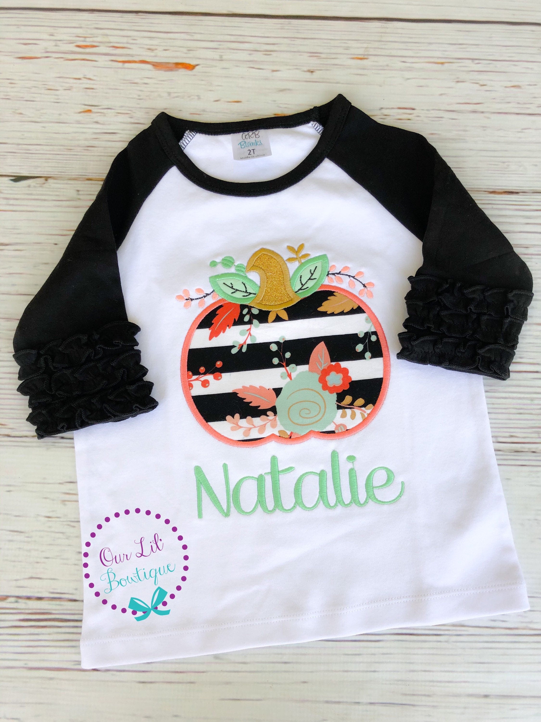 Girls Pumpkin Appliqué Shirt: Ruffle Sleeve Fall Birthday Outfit
