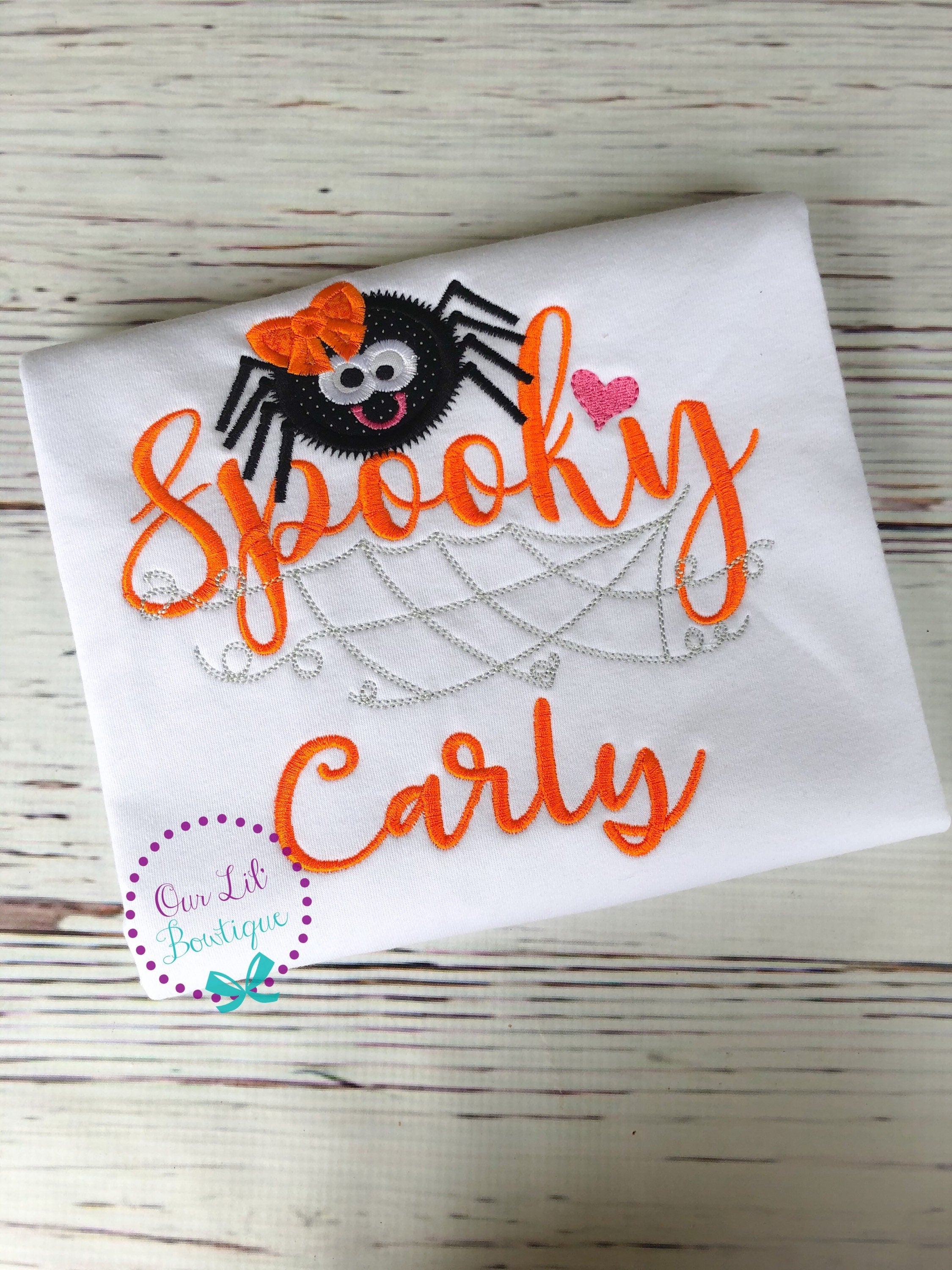 Girls Halloween Spider Shirt: Spooky Appliqué Spider with Bow