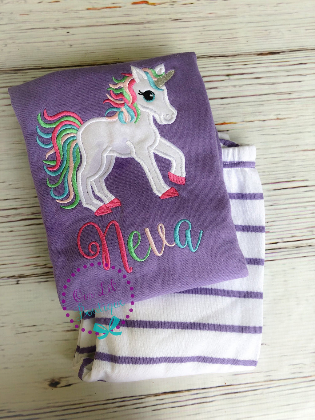 Unicorn Birthday Outfit: Personalized Applique Shirt & Striped Bottoms