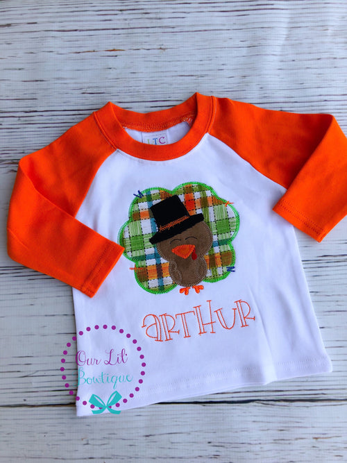 Boys Thanksgiving Shirt - Vintage Turkey Applique - Personalized Turkey Shirt - Raglan