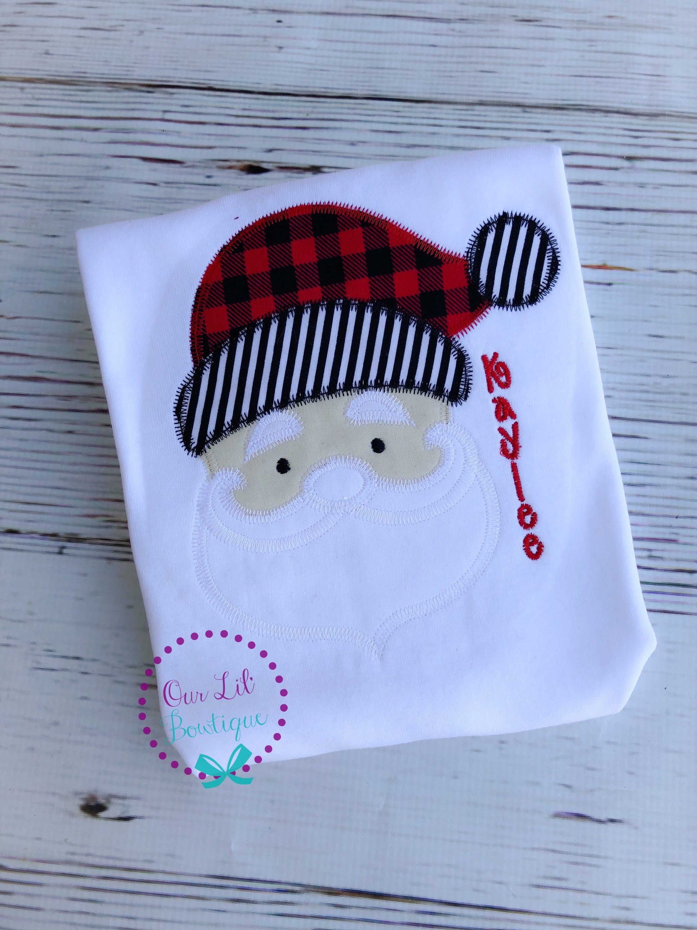 Personalized Santa Applique Christmas Shirt: Plaid or Polka Dot Hat