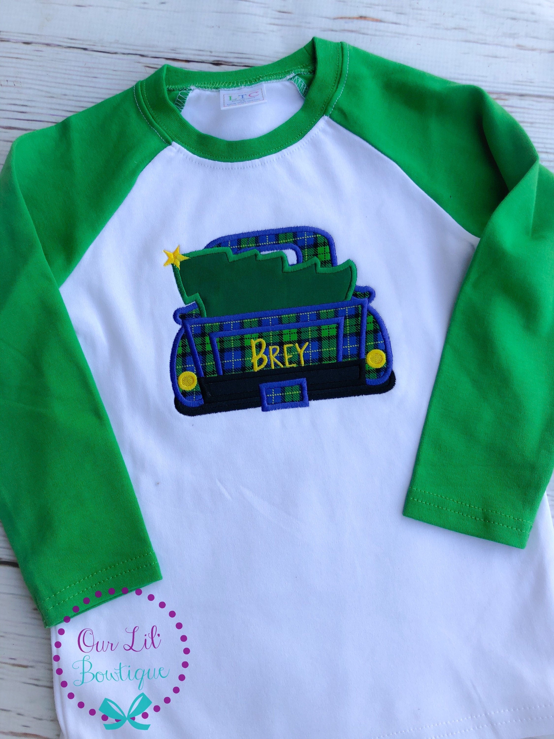 Personalized Christmas Tree Truck Appliqué Shirt - Green Raglan