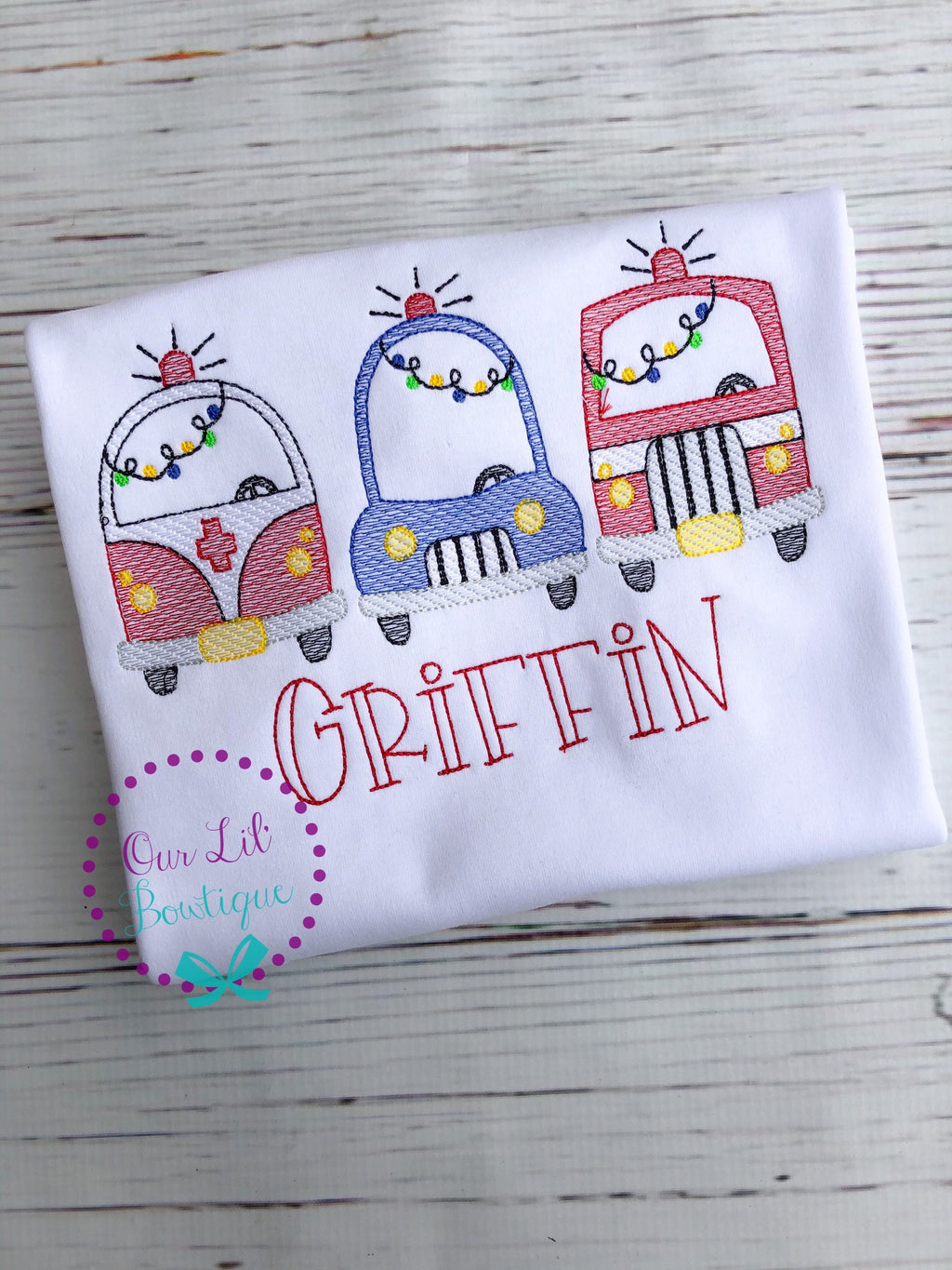 Christmas Emergency Vehicles Shirt: Personalized Raglan Sleeve