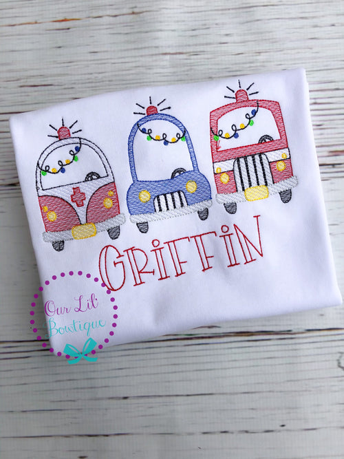 Christmas Emergency Vehicles Shirt: Personalized Raglan Sleeve