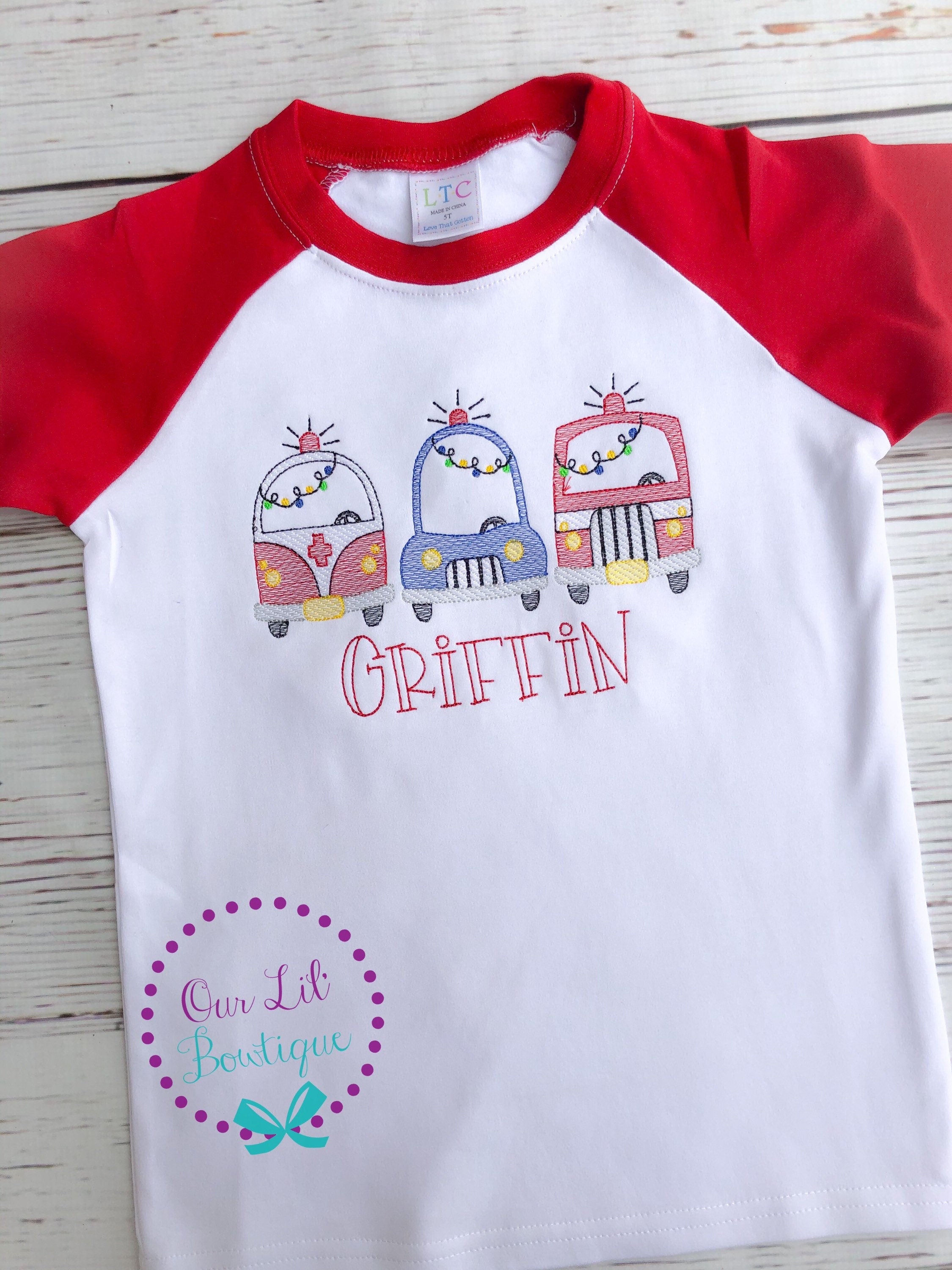 Christmas Emergency Vehicles Shirt: Personalized Raglan Sleeve