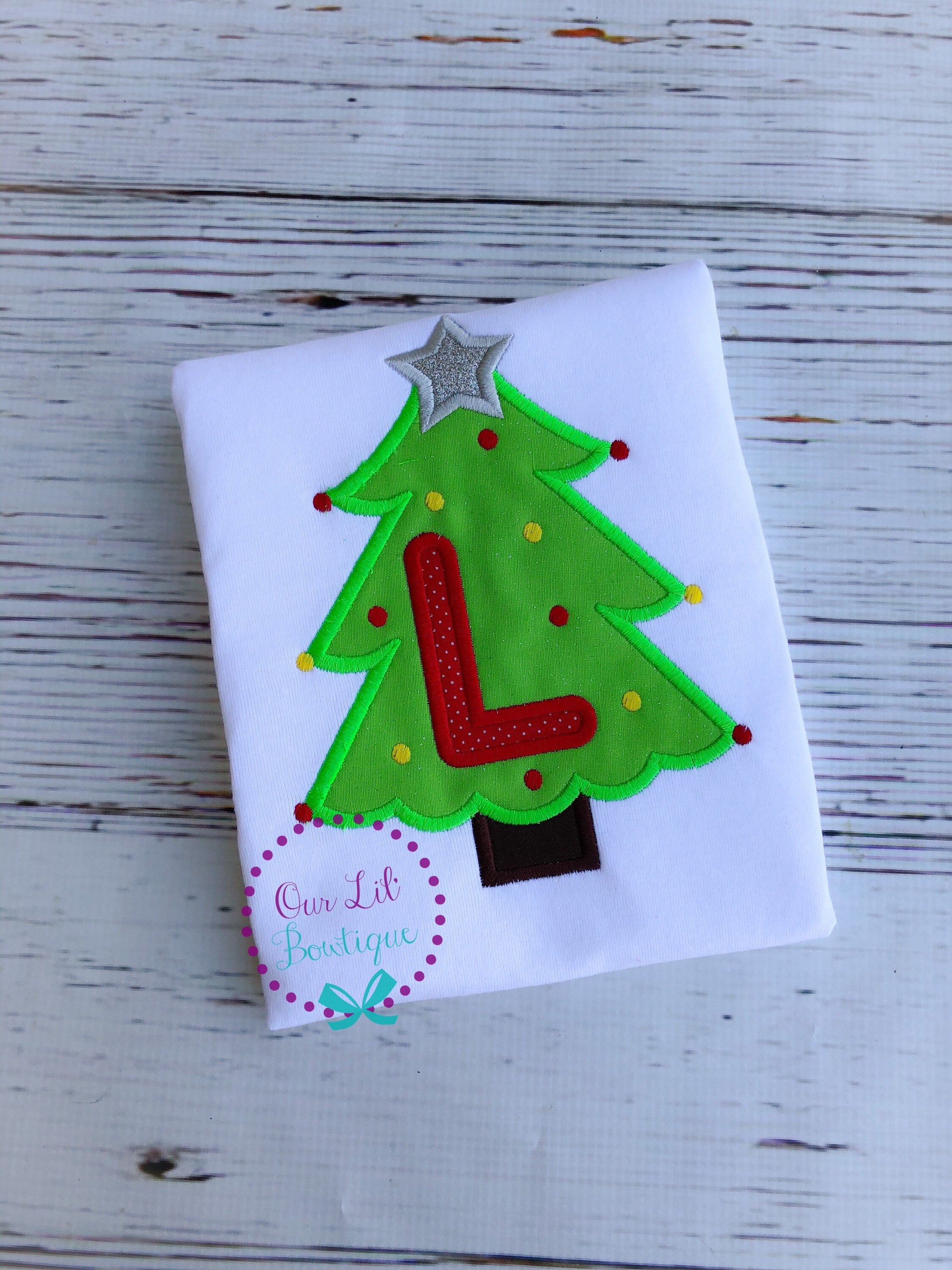 Personalized Christmas Tree Shirt: Applique Initial Tee