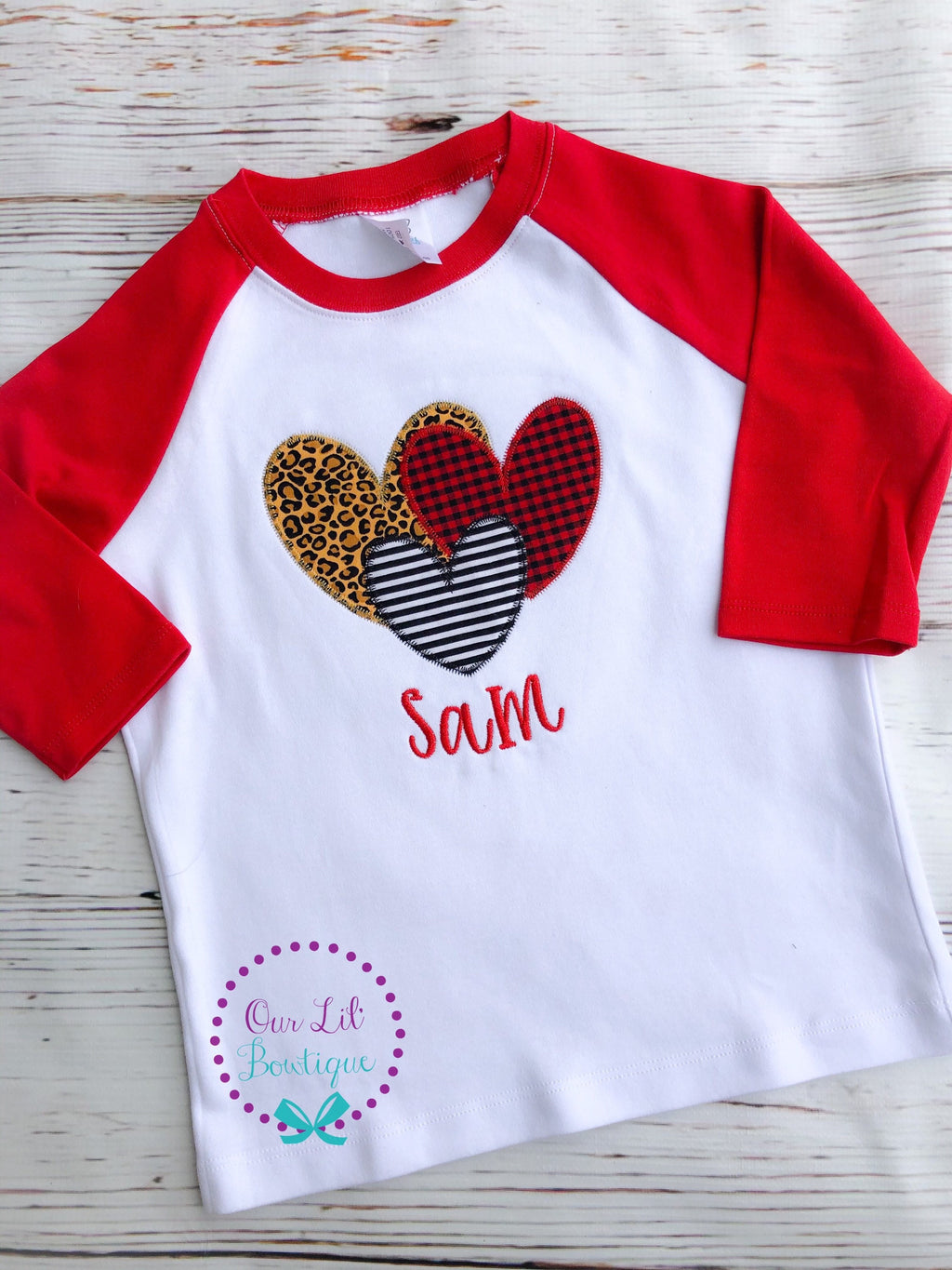 Girls Valentine Shirt: Appliqued Heart Trio - Cheetah, Plaid