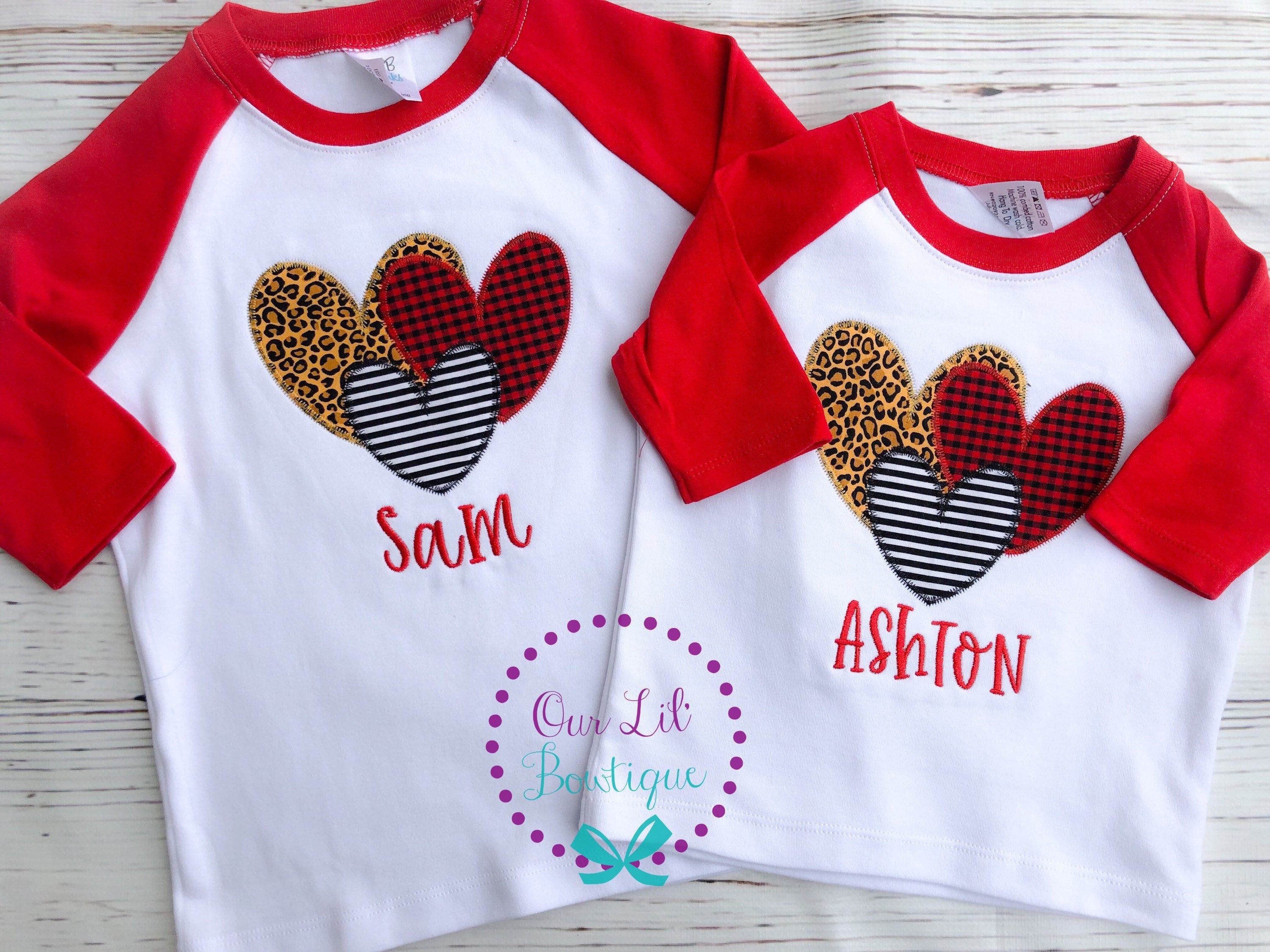 Girls Valentine Shirt: Appliqued Heart Trio - Cheetah, Plaid