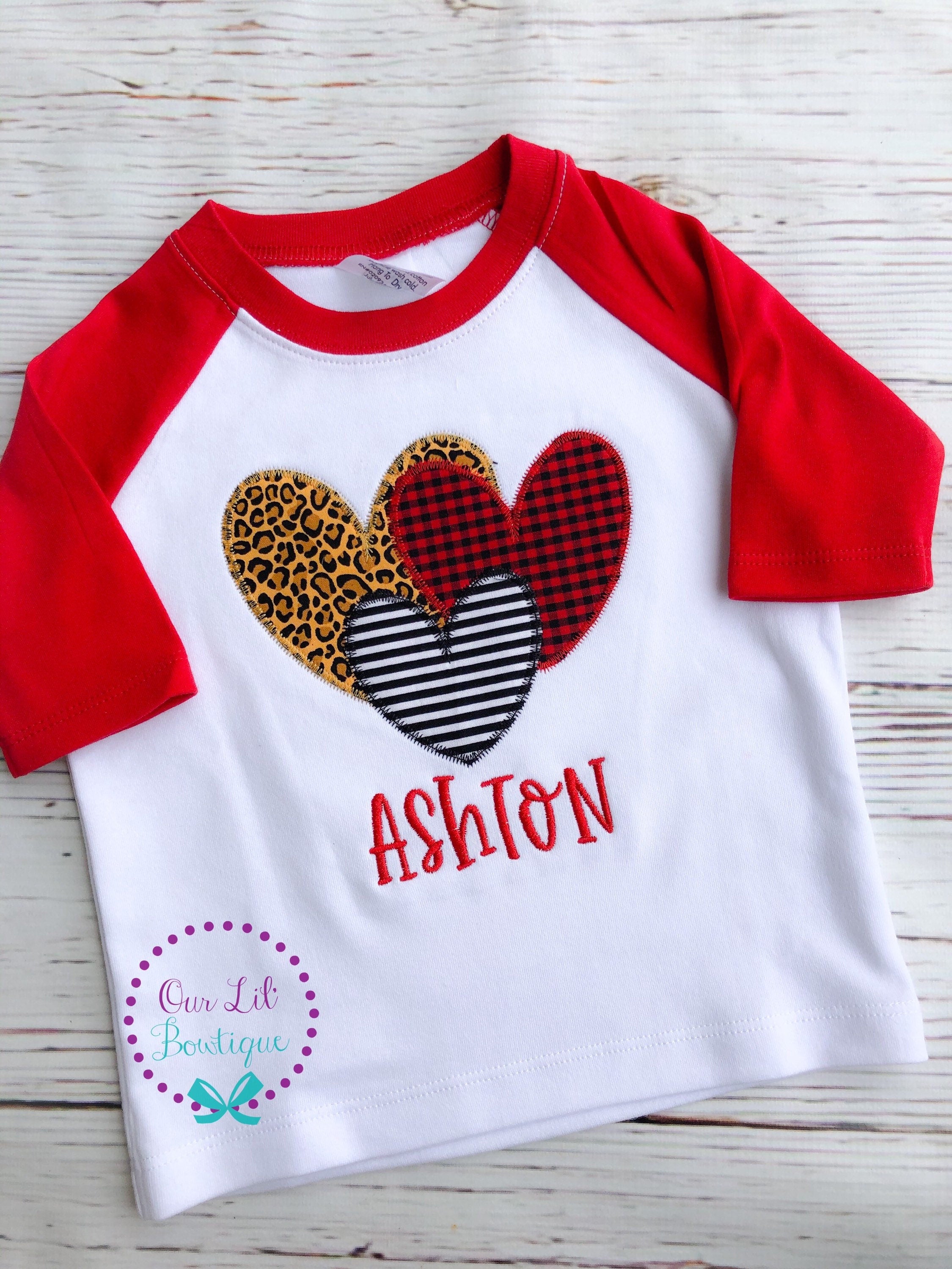 Girls Valentine Shirt: Appliqued Heart Trio - Cheetah, Plaid
