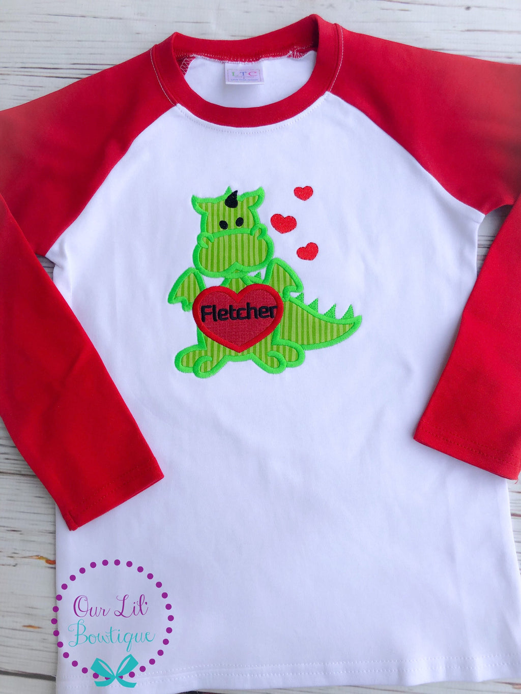 Valentine's Dragon Raglan Shirt - Personalized Applique