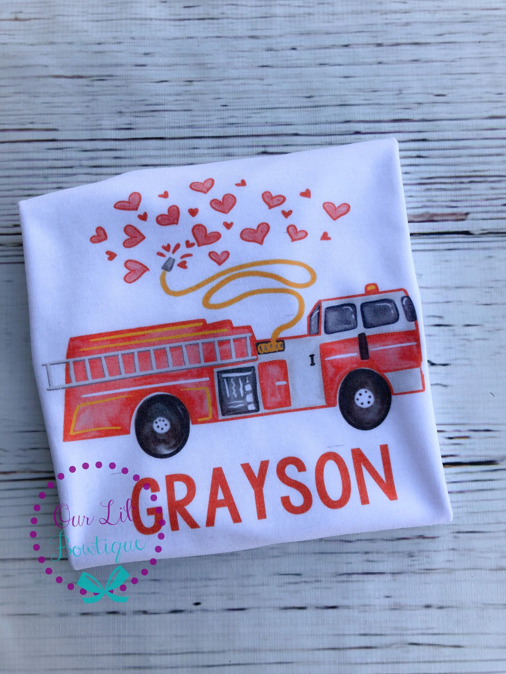 Valentine Firetruck Shirt: Personalized Boy's Raglan Tee