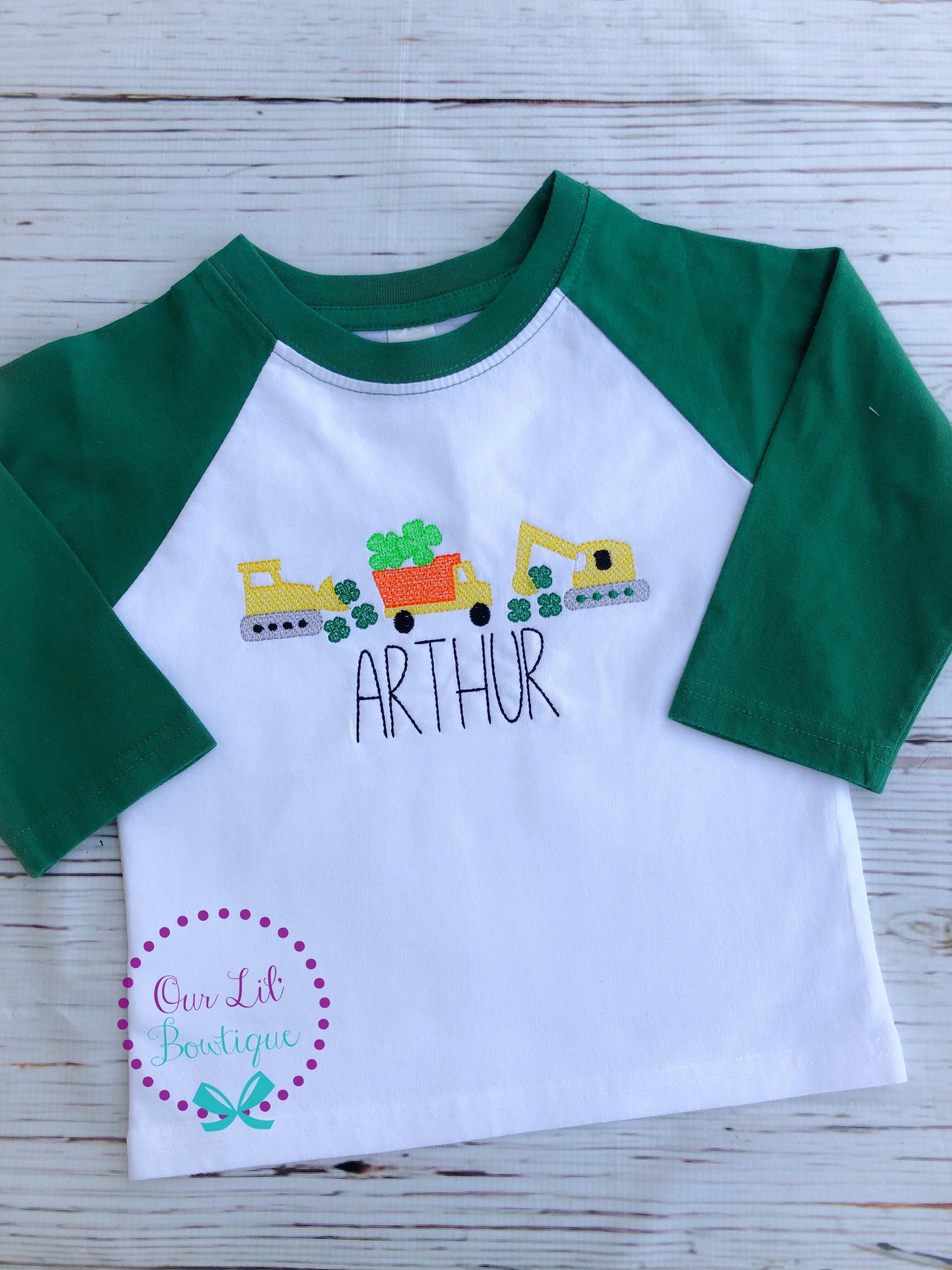 Personalized St. Patrick's Day Shirt: Shamrock Trucks, Boy's Raglan