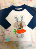 Personalized Easter Raglan Shirt: Vintage Stitch Puppy Appliqué