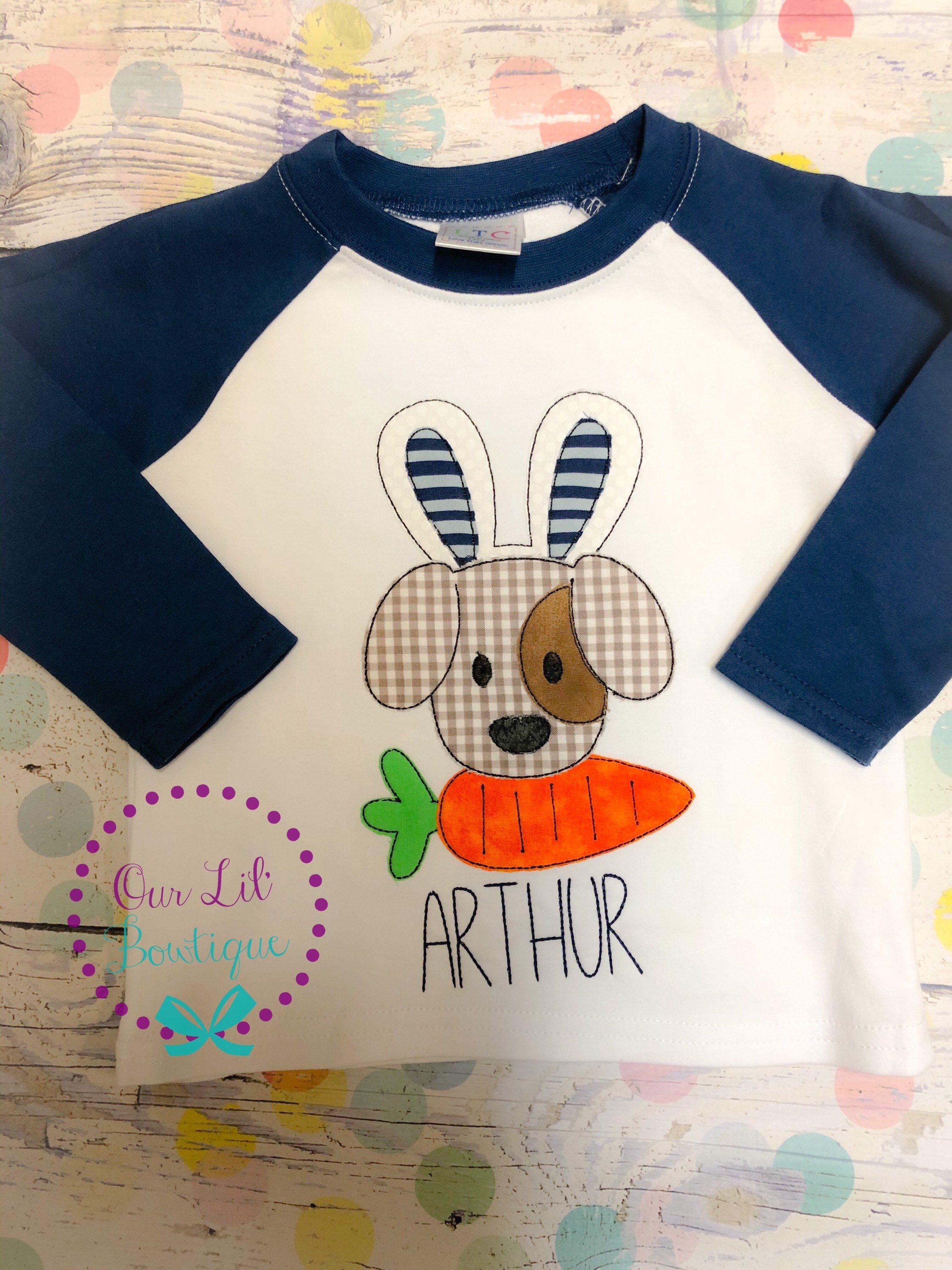 Personalized Easter Raglan Shirt: Vintage Stitch Puppy Appliqué