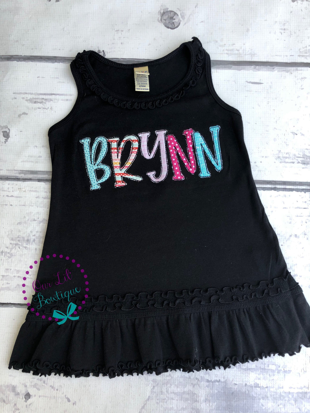 Personalized Appliqued Name Dress - Girls Embroidered Cotton Tank