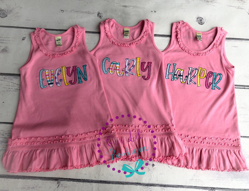 Personalized Appliqued Name Dress - Girls Embroidered Cotton Tank