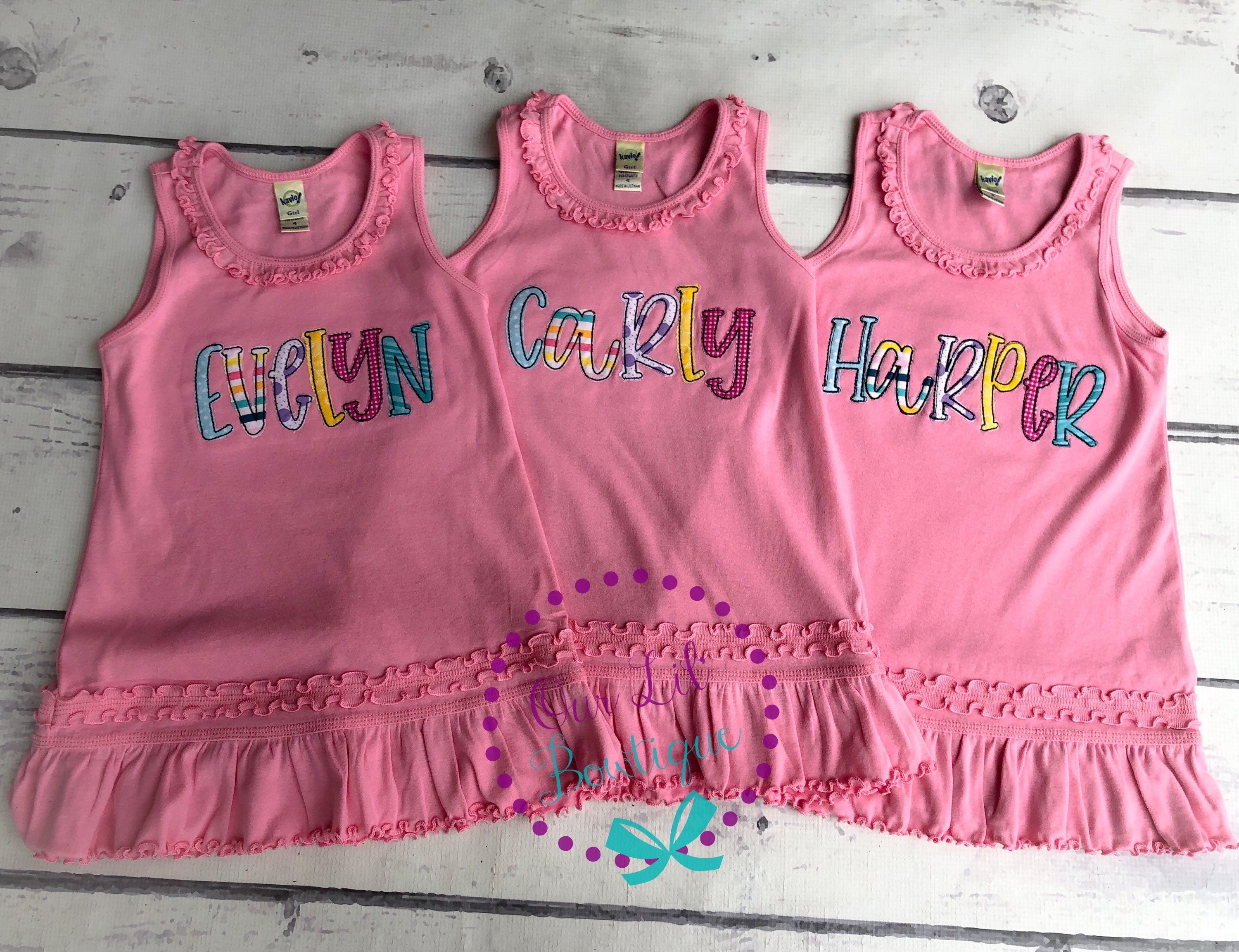 Personalized Appliqued Name Dress - Girls Embroidered Cotton Tank