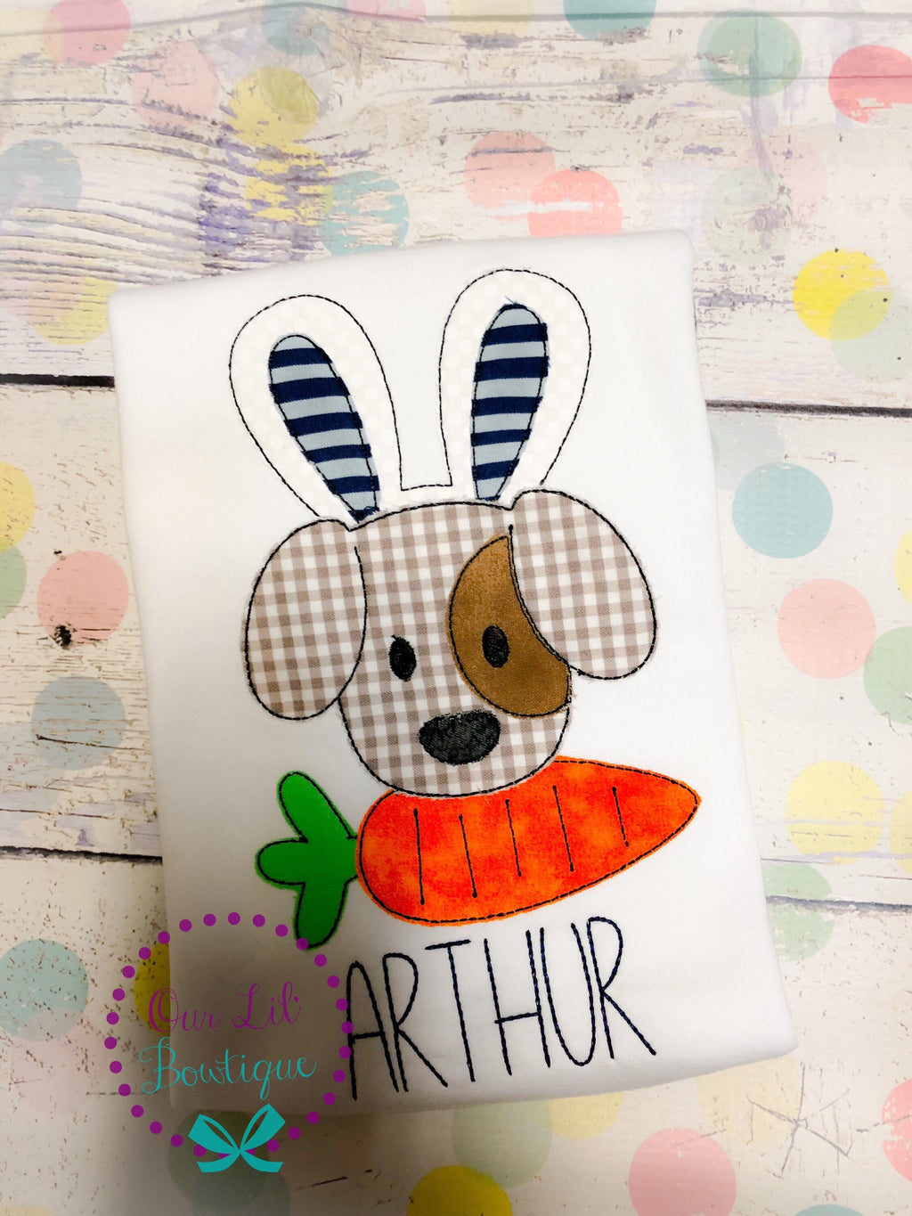 Personalized Easter Raglan Shirt: Vintage Stitch Puppy Appliqué