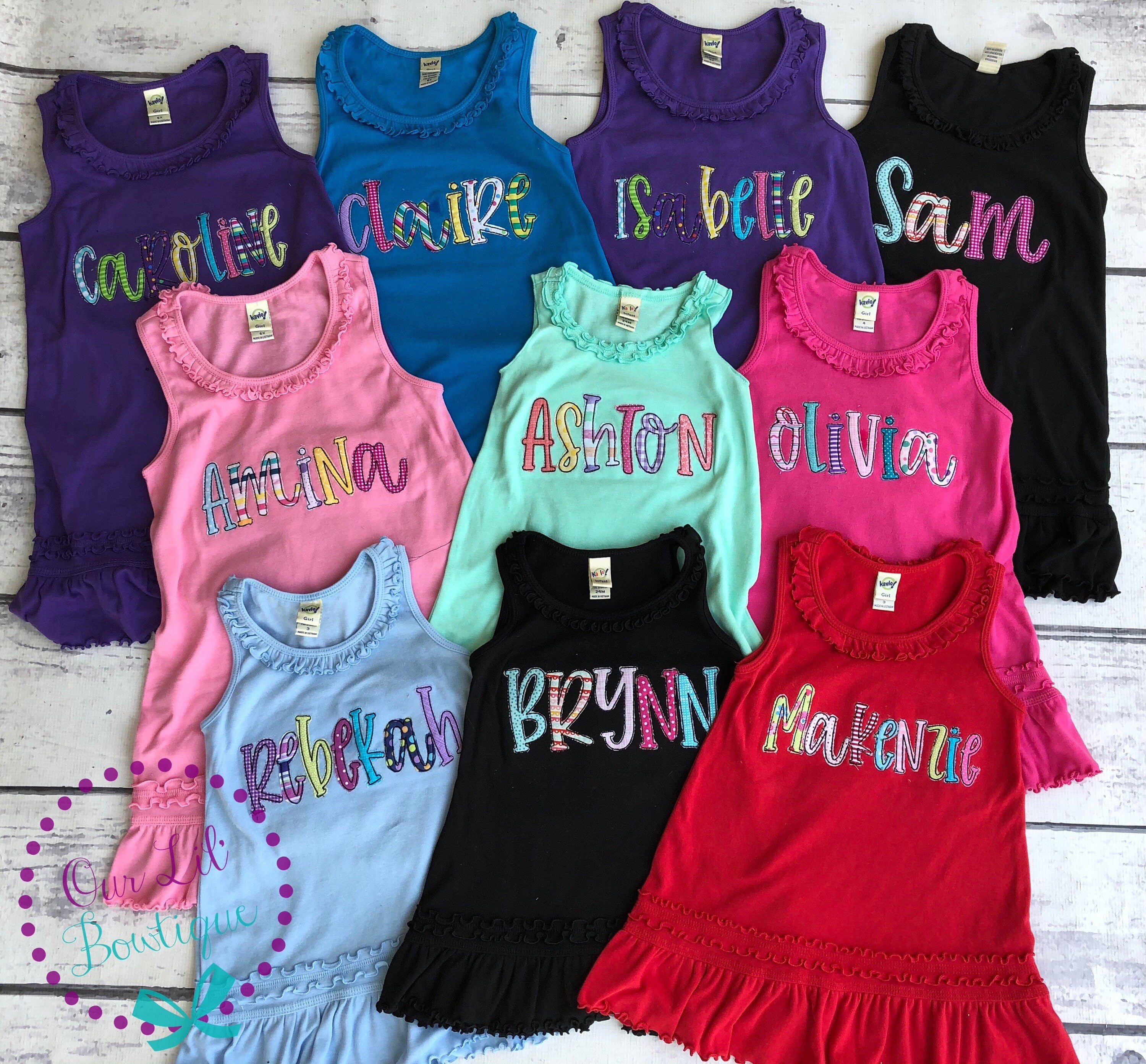 Personalized Appliqued Name Dress - Girls Embroidered Cotton Tank