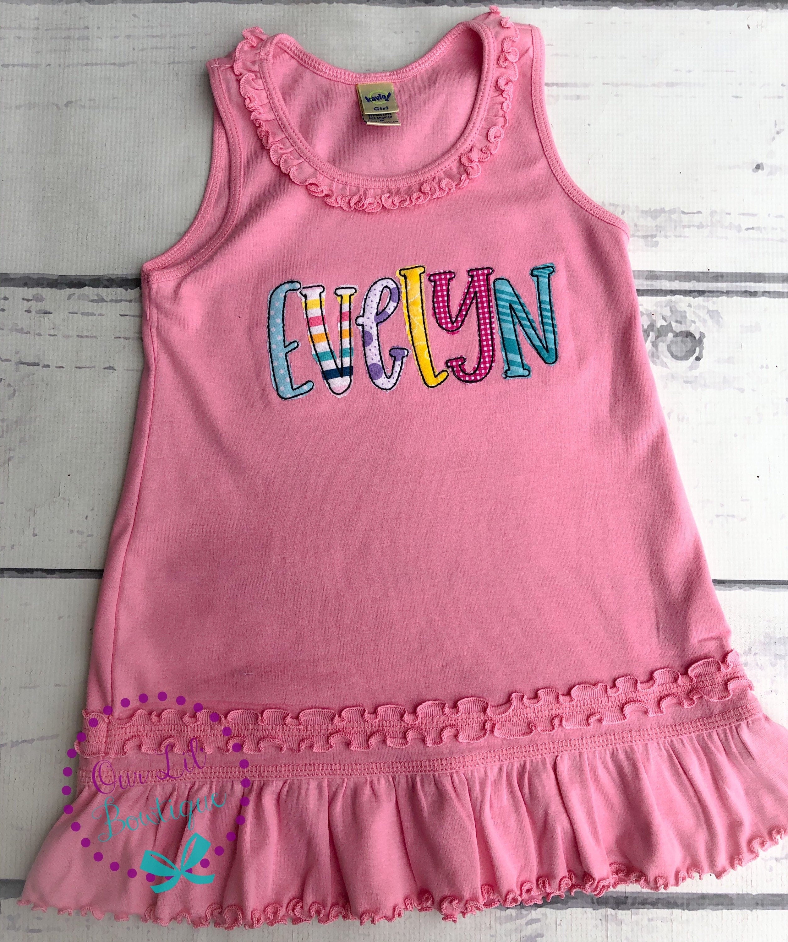 Personalized Appliqued Name Dress - Girls Embroidered Cotton Tank