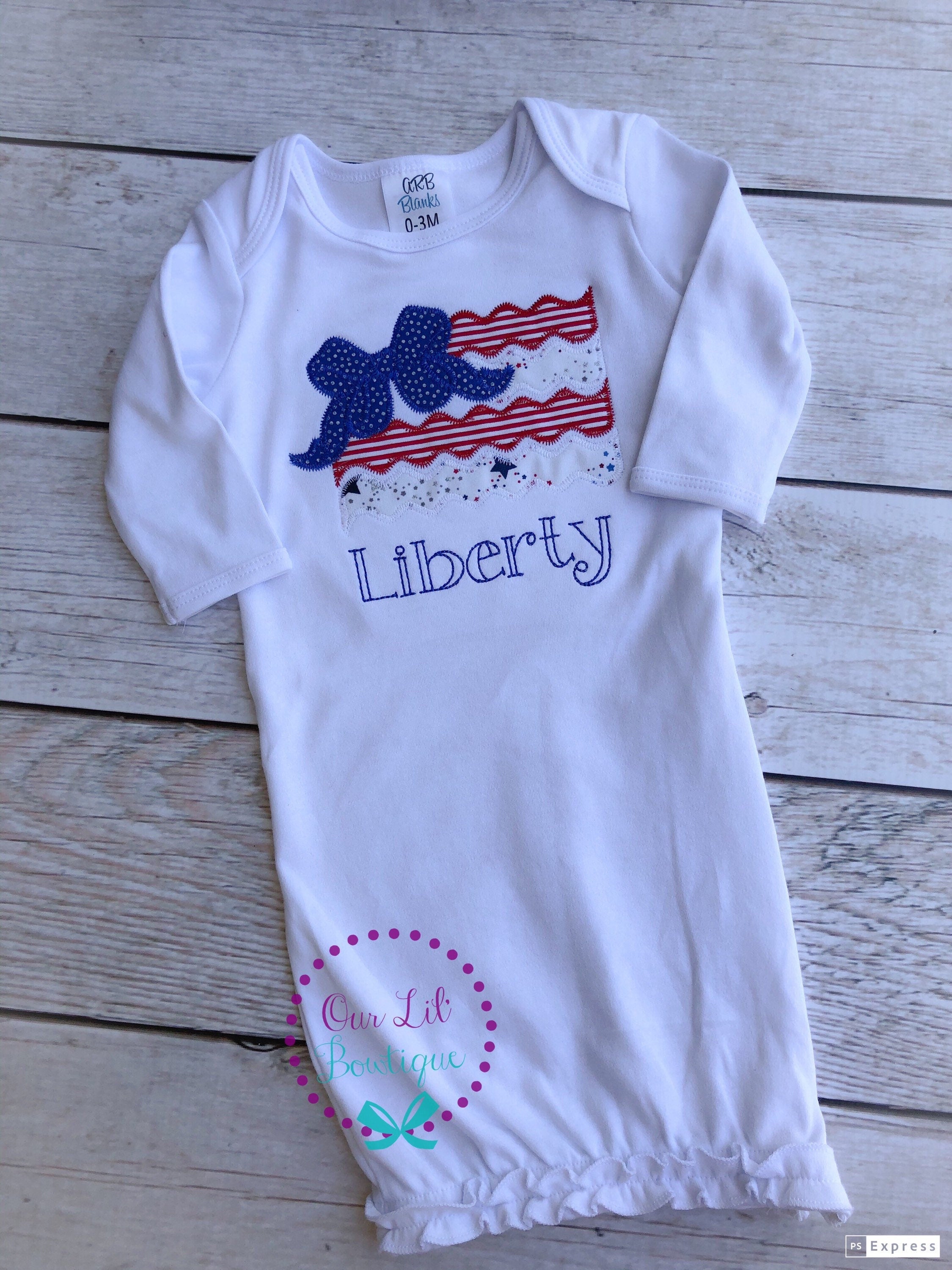 Fourth of July Gown- Baby Gown- Flag Shirt - 4th of July Baby Gift - Personalized Shirt - Personalized Gown - Baby Gown - Baby Blanket