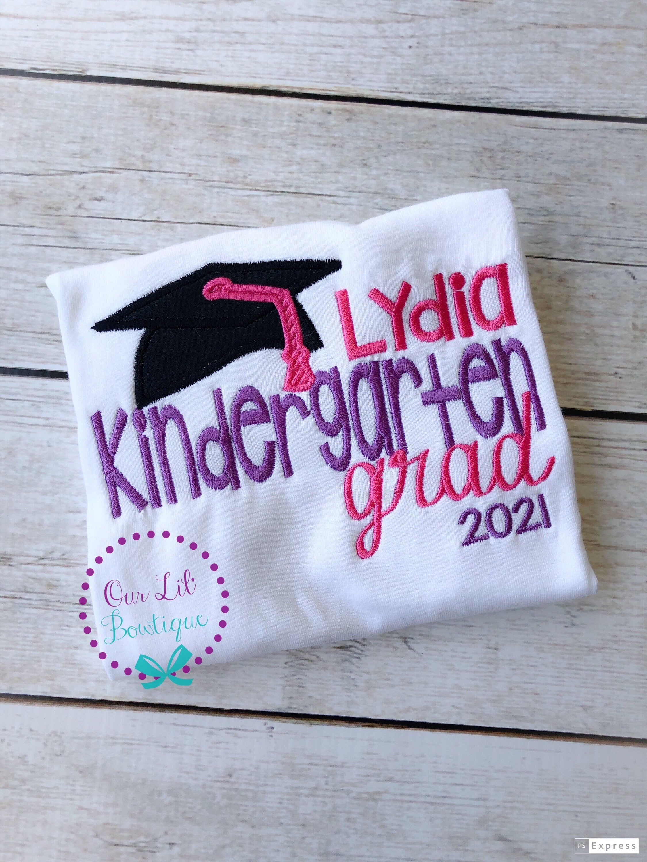 Kindergarten Graduation Shirt: Embroidered Grad Applique, Customizable Colors