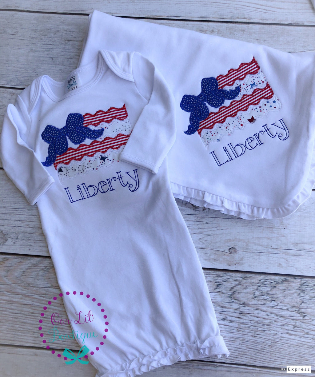 Fourth of July Gown- Baby Gown- Flag Shirt - 4th of July Baby Gift - Personalized Shirt - Personalized Gown - Baby Gown - Baby Blanket