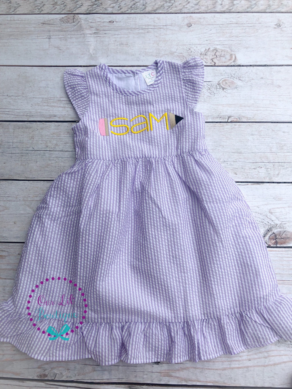 Personalized Seersucker School Dress: Embroidered Pencil Design