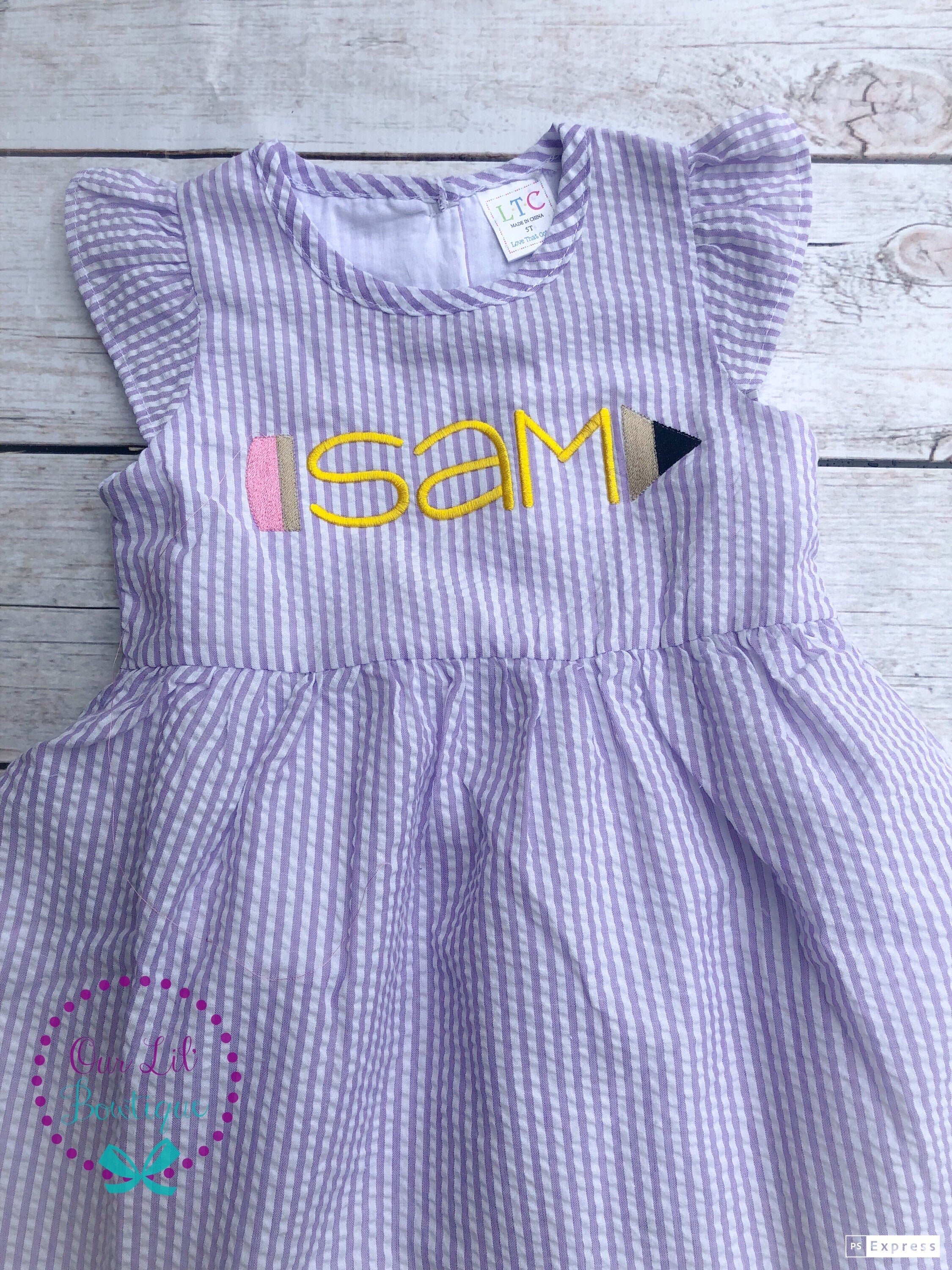 Personalized Seersucker School Dress: Embroidered Pencil Design