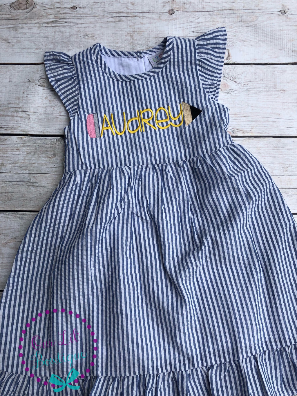 Personalized Seersucker School Dress: Embroidered Pencil Design