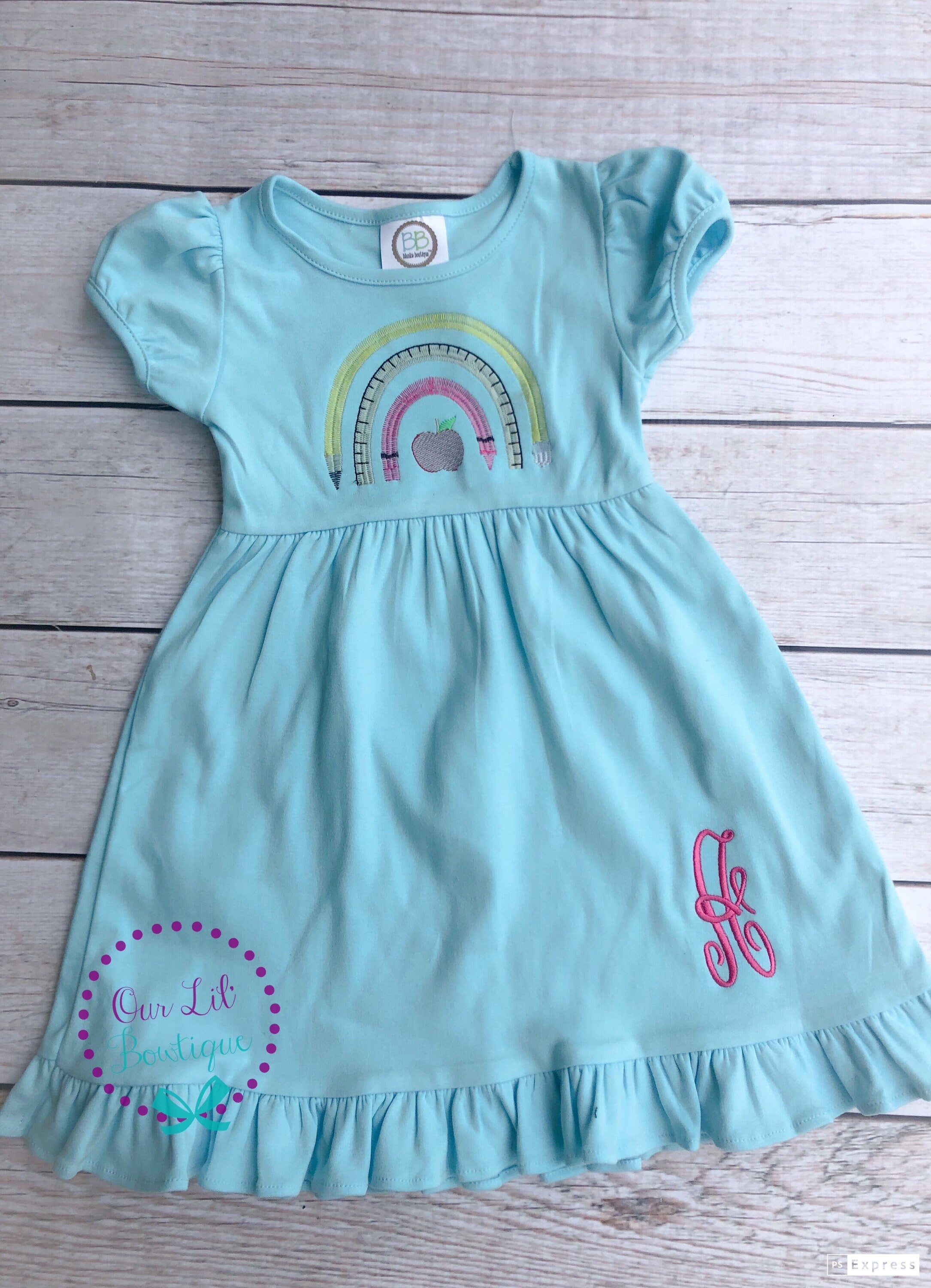 Girls Back to School Dress: Rainbow Pencil Design, Personalized