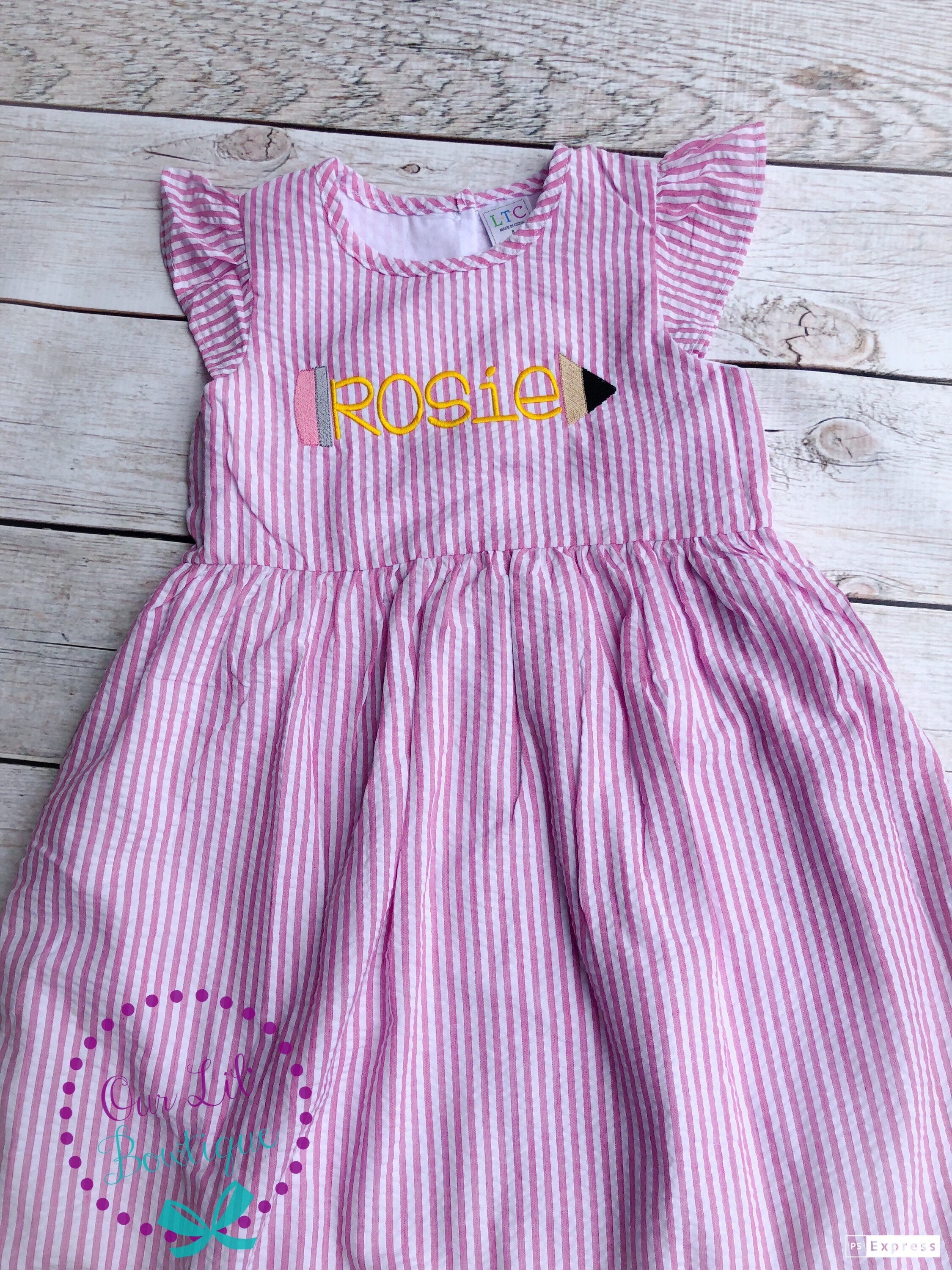 Personalized Seersucker School Dress: Embroidered Pencil Design