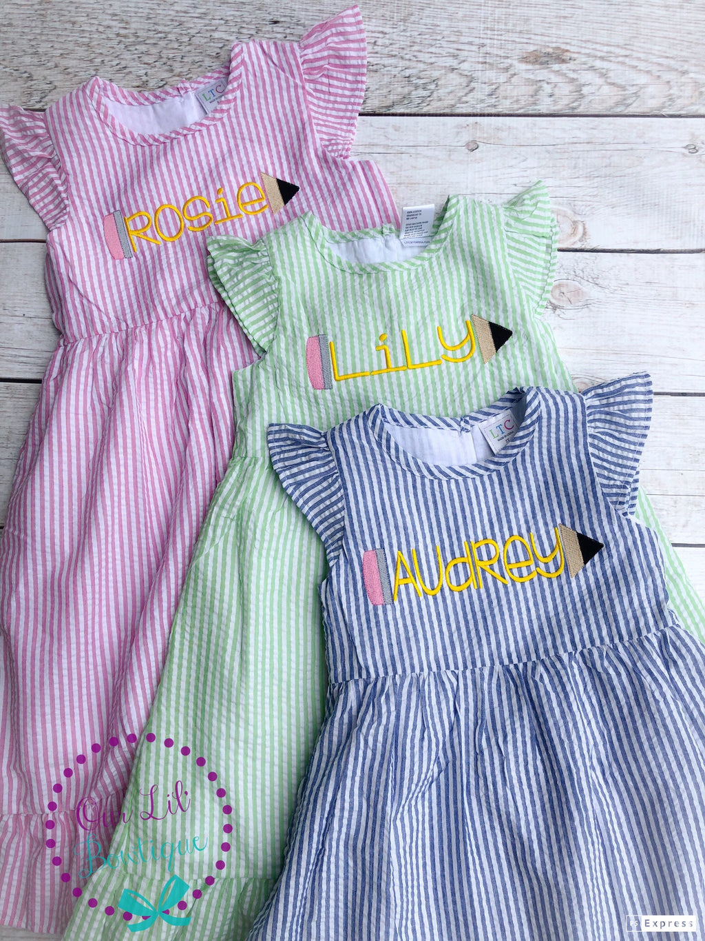 Personalized Seersucker School Dress: Embroidered Pencil Design