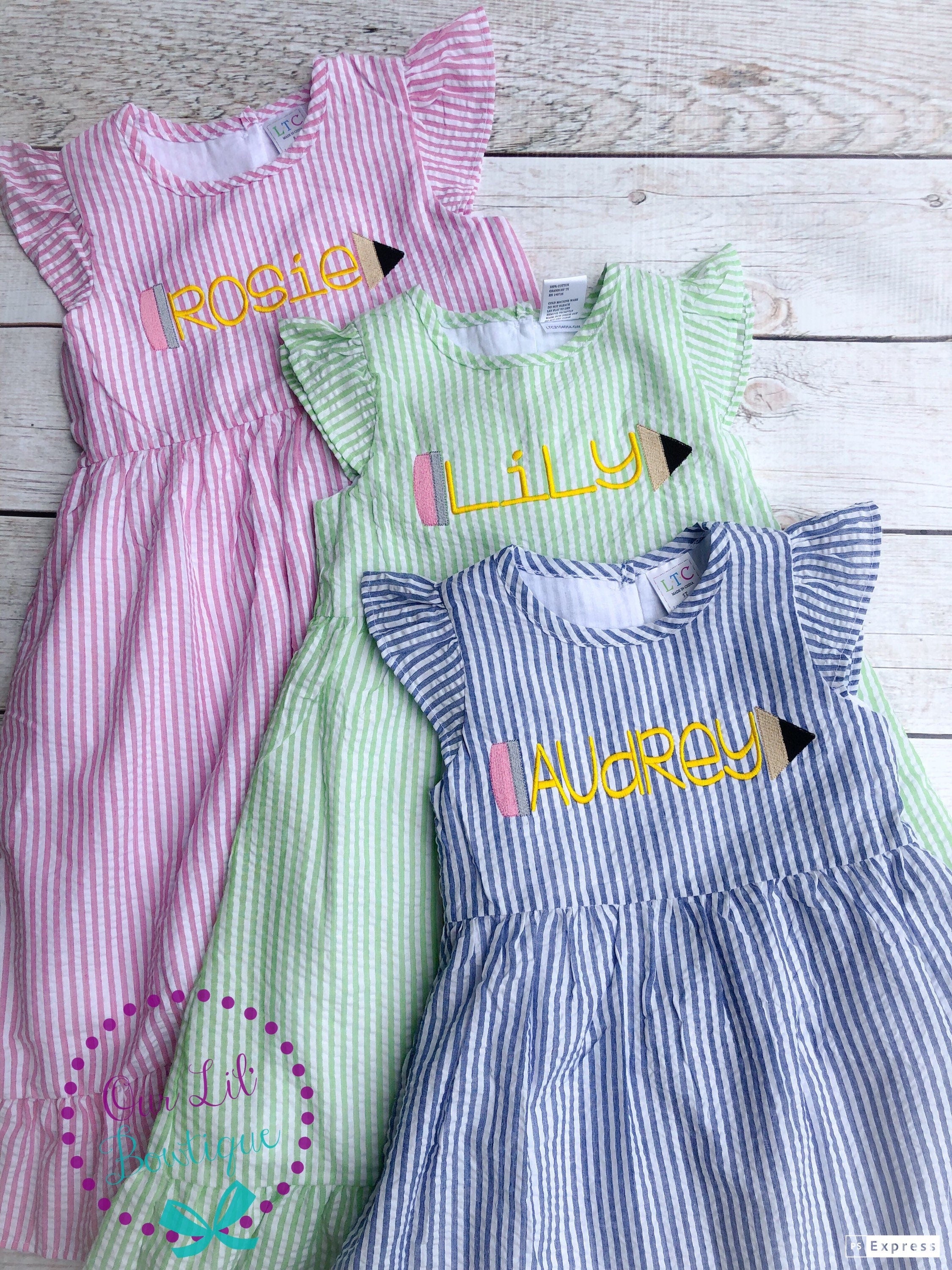 Personalized Seersucker School Dress: Embroidered Pencil Design