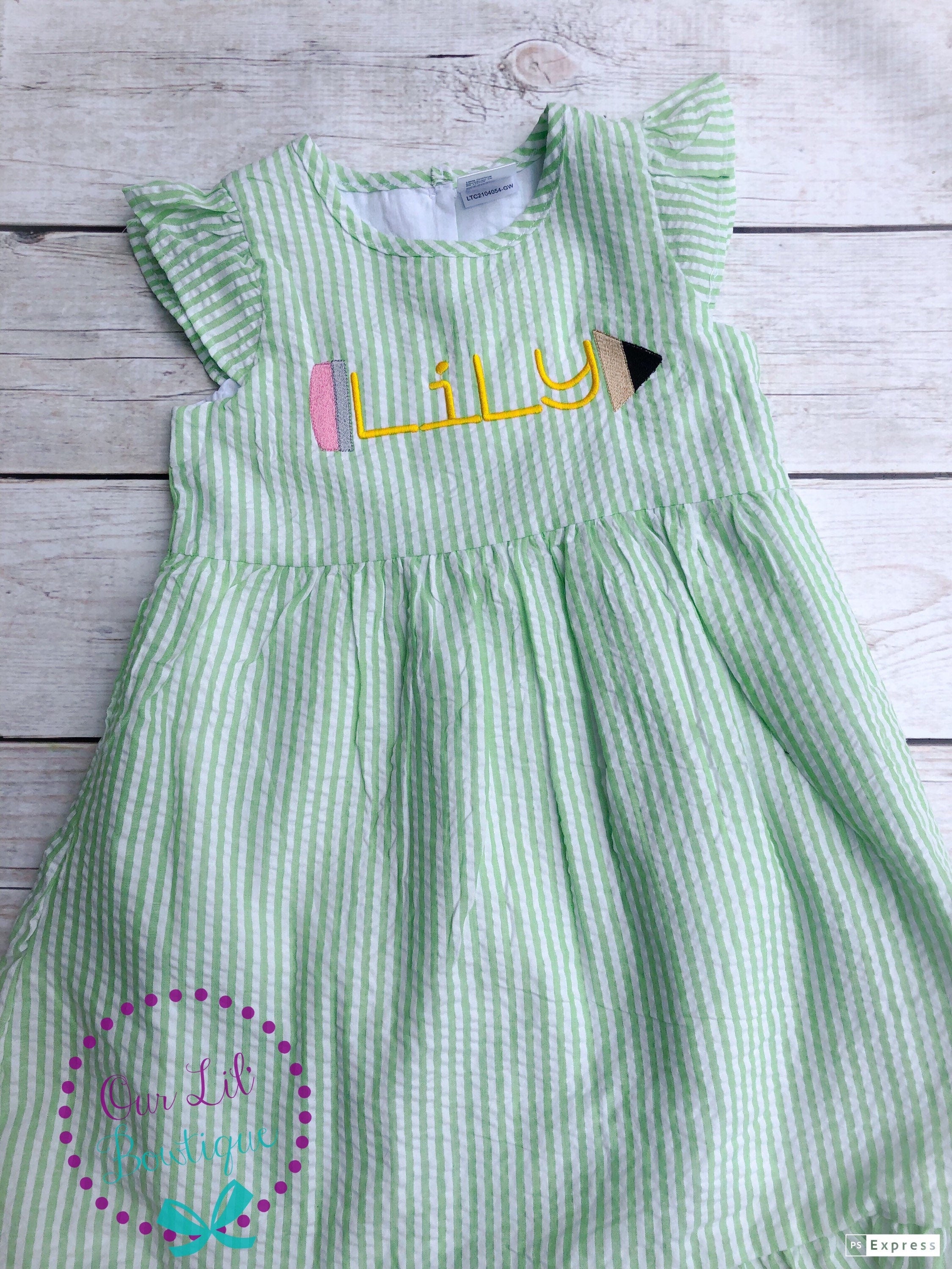 Personalized Seersucker School Dress: Embroidered Pencil Design