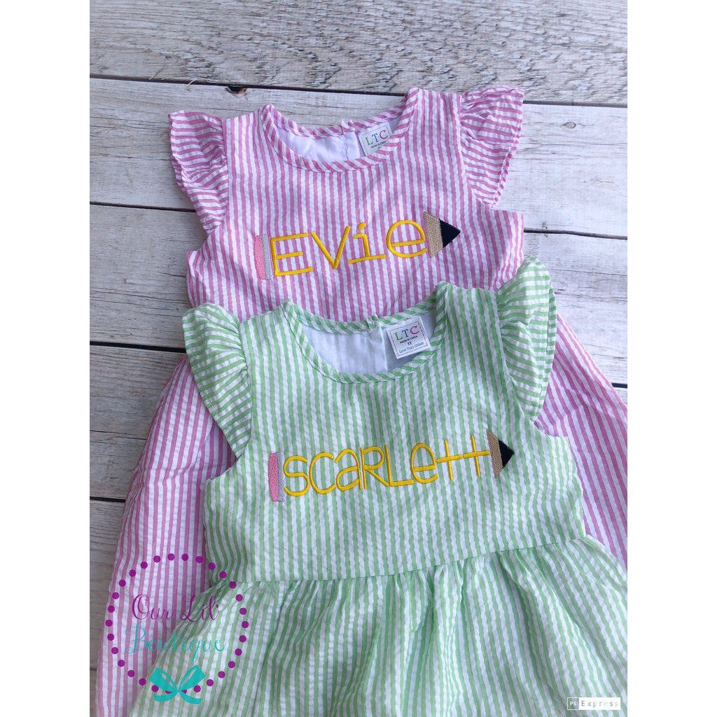 Personalized Seersucker School Dress: Embroidered Pencil Design