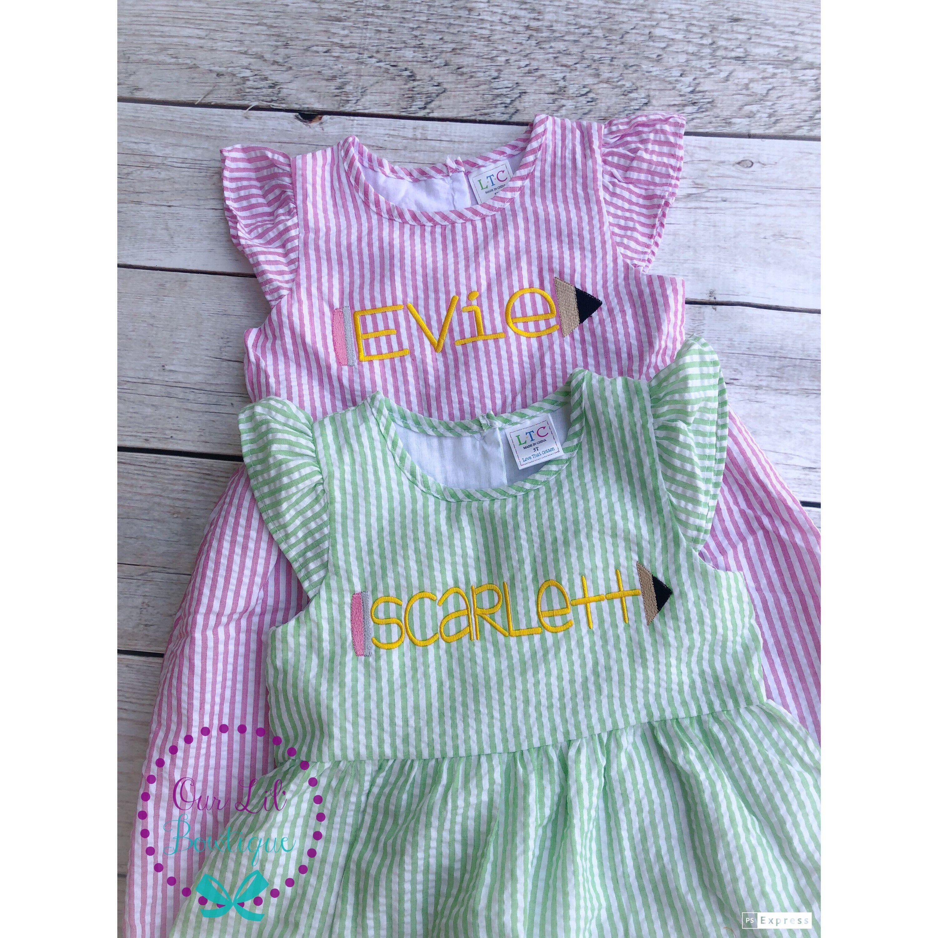Personalized Seersucker School Dress: Embroidered Pencil Design