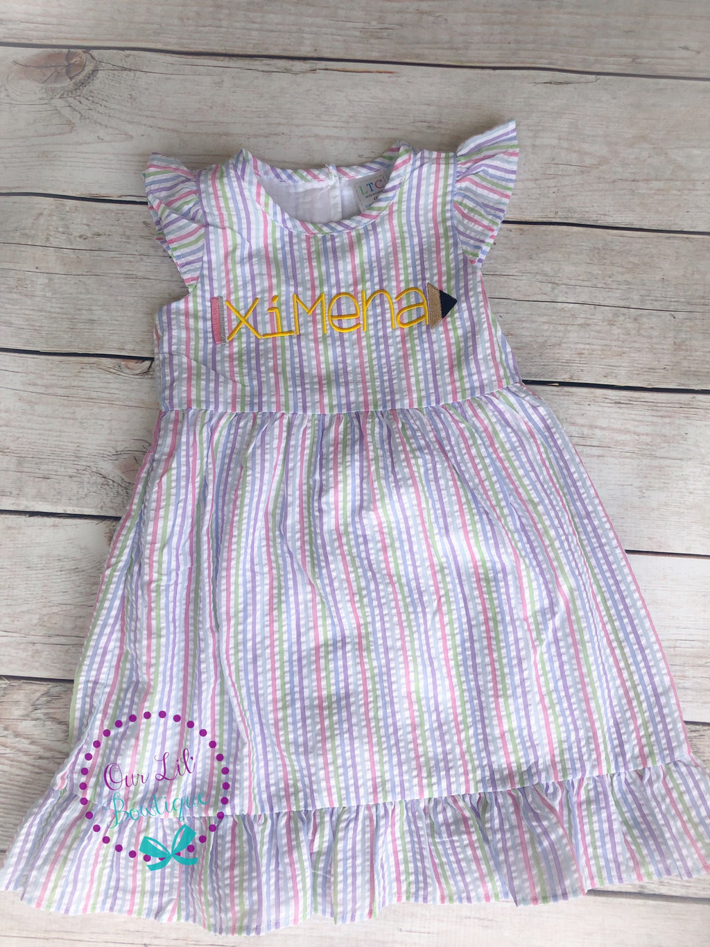 Personalized Seersucker School Dress: Embroidered Pencil Design